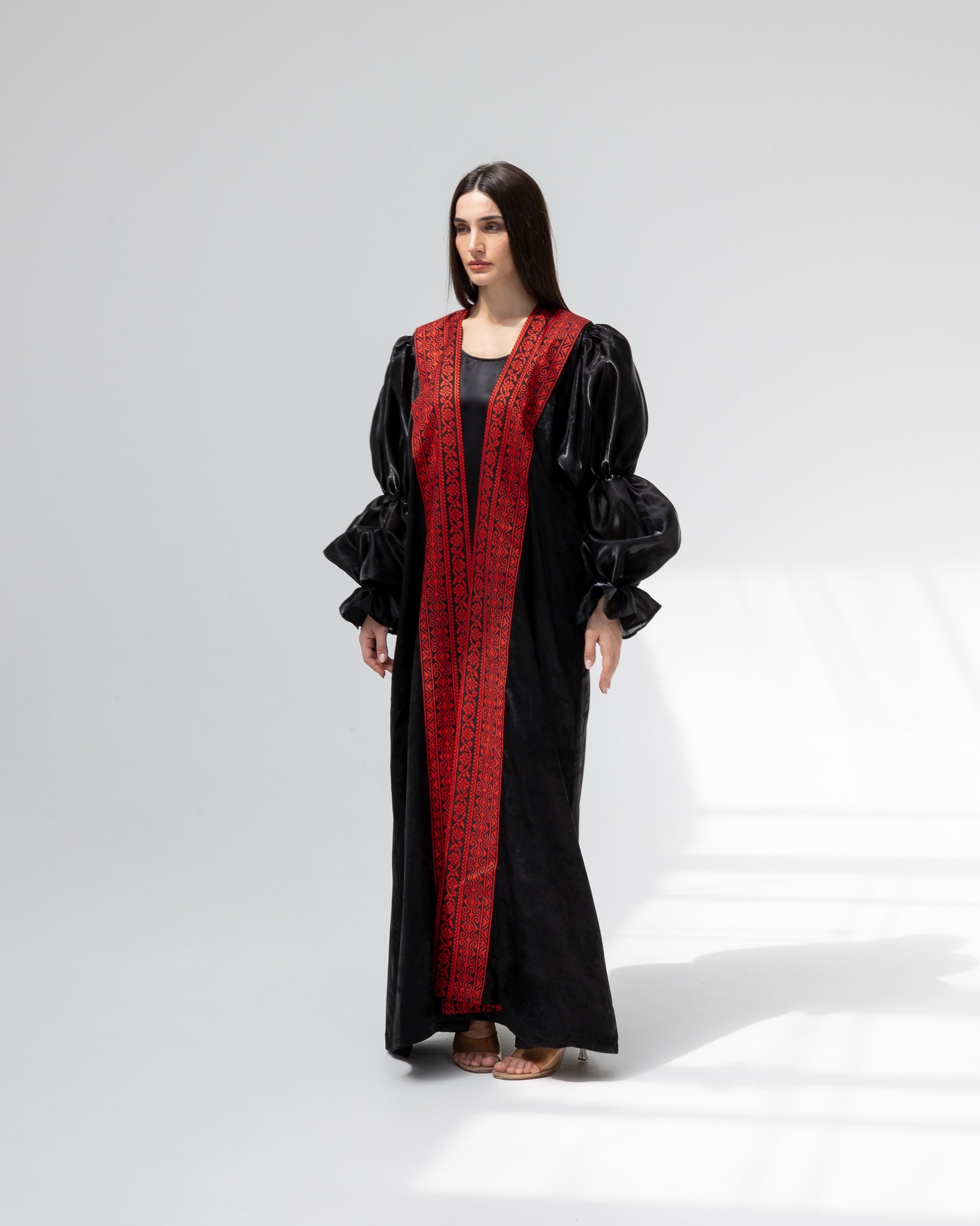 Satin Black Abaya with Red Embroidery Details
