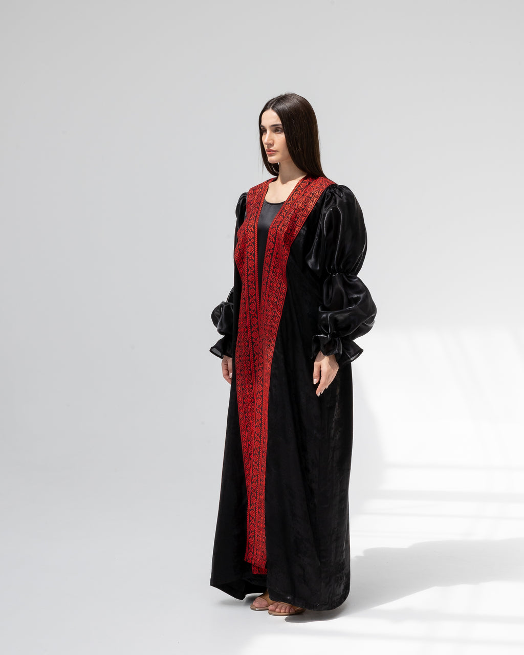 Satin Black Abaya with Red Embroidery Details
