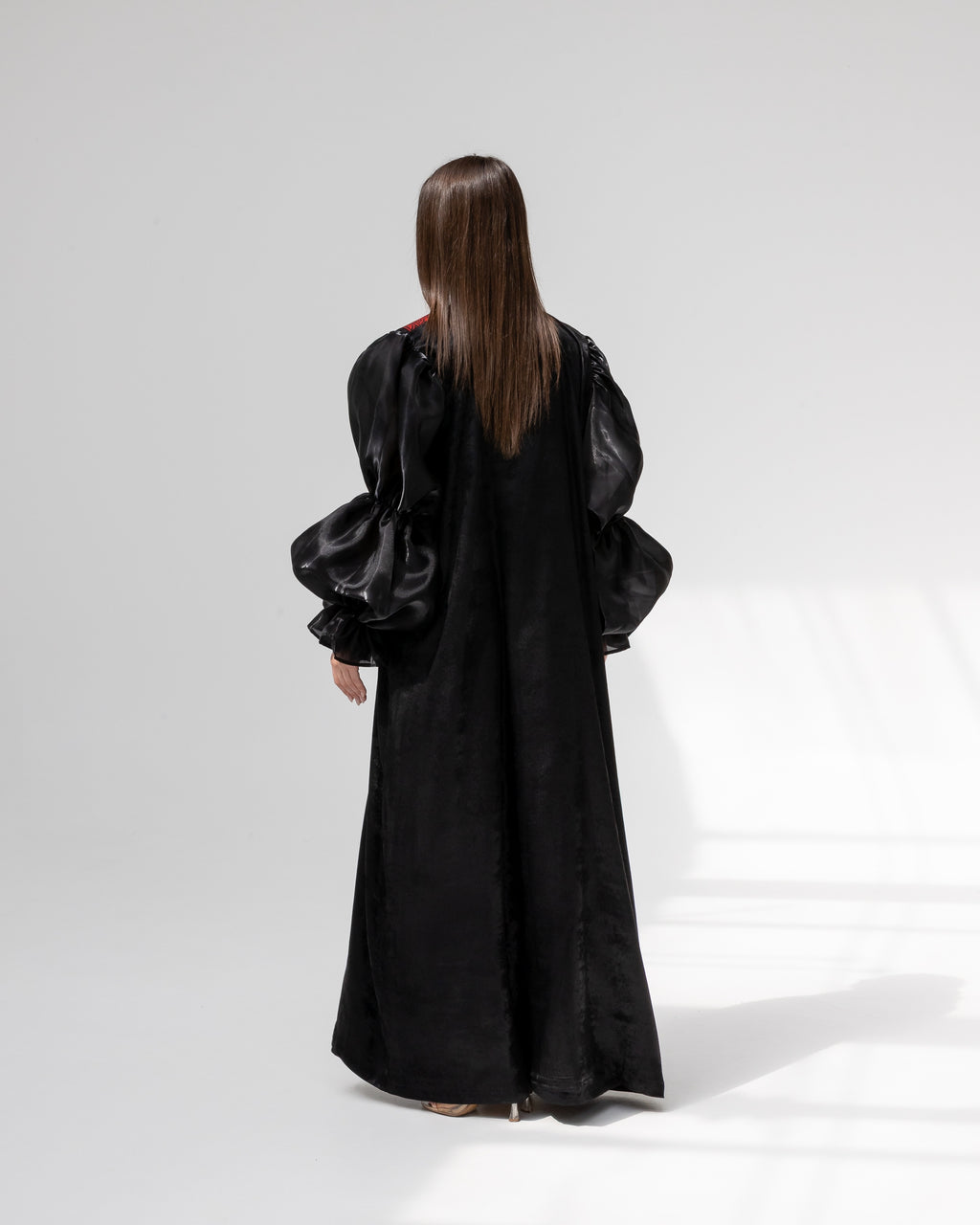 Satin Black Abaya with Red Embroidery Details