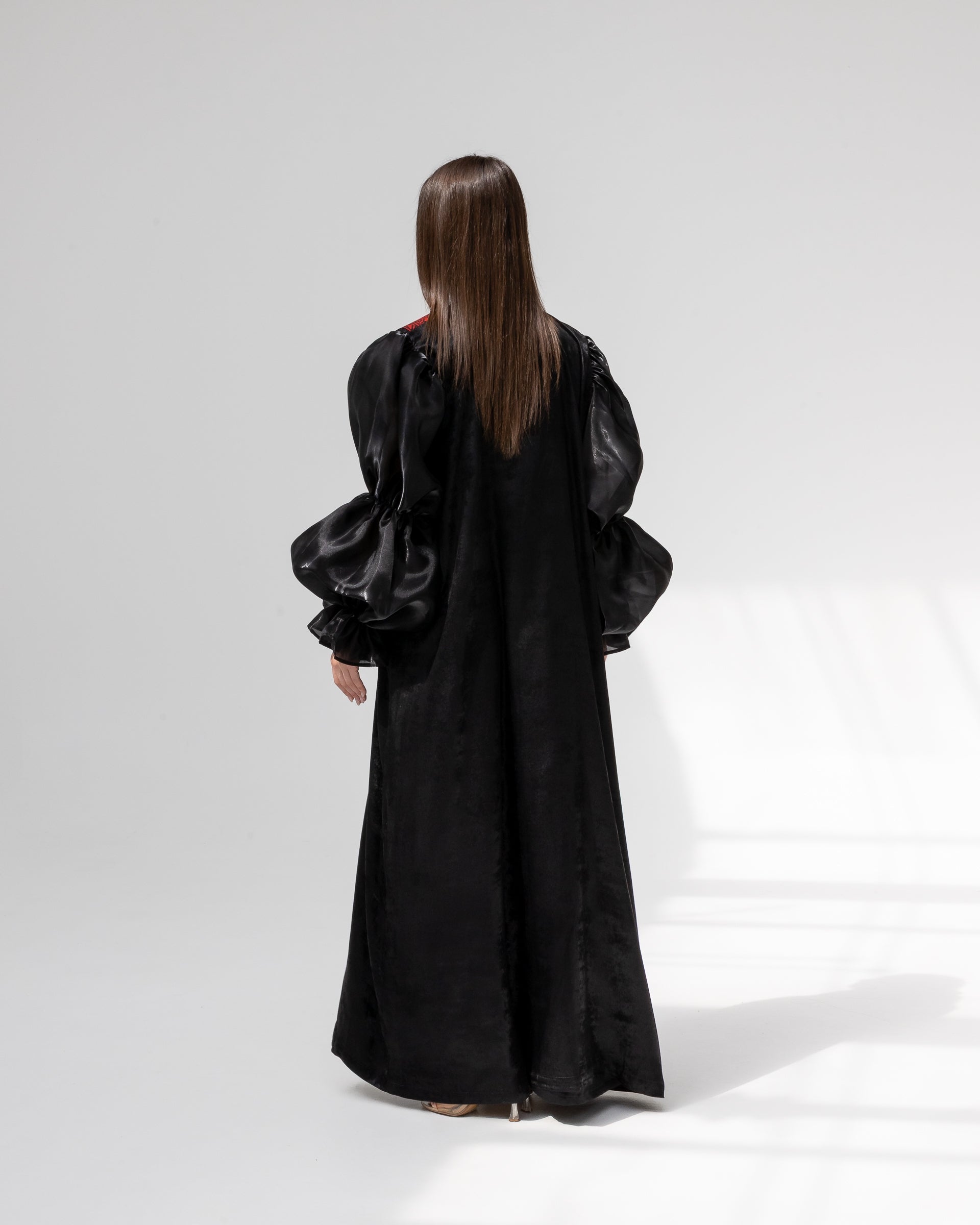 Satin Black Abaya with Red Embroidery Details