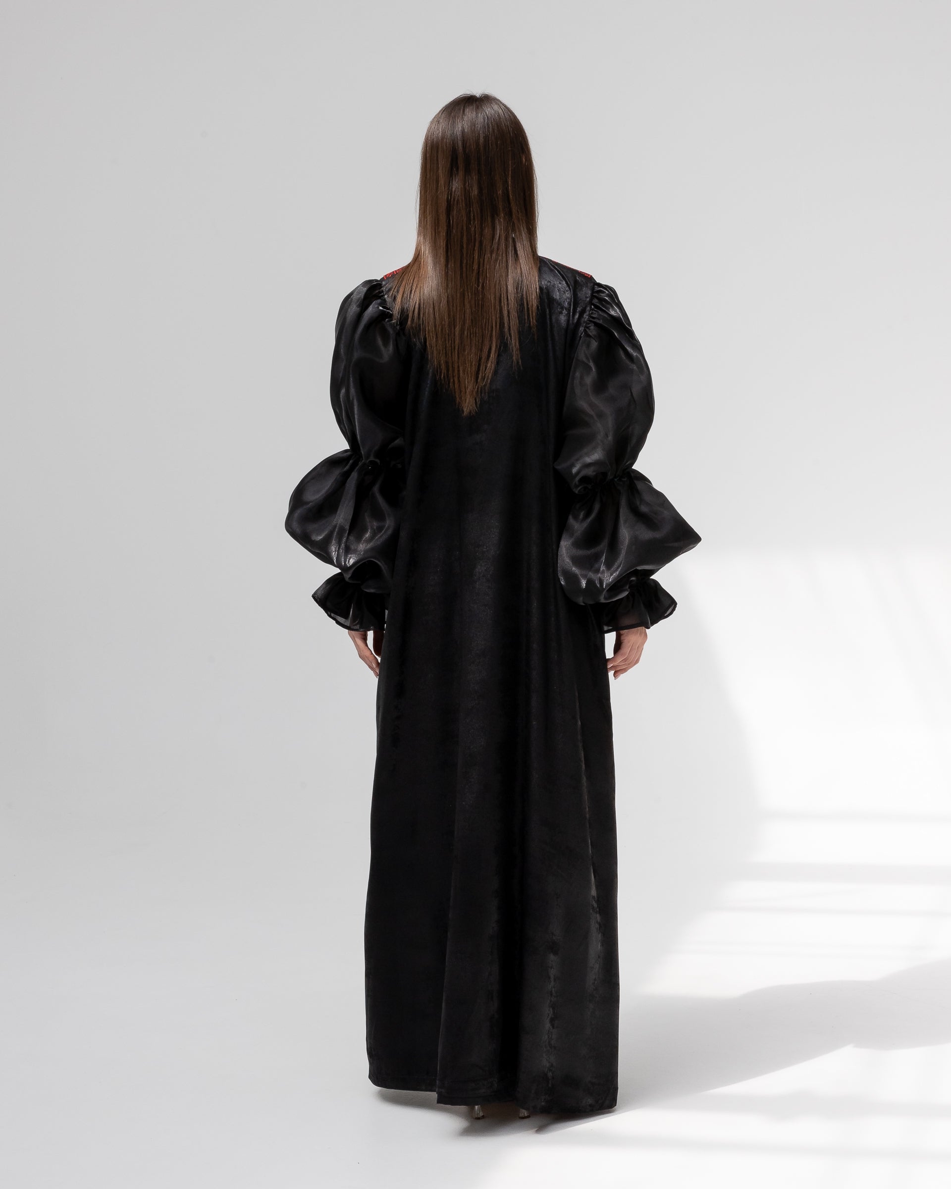 Satin Black Abaya with Red Embroidery Details
