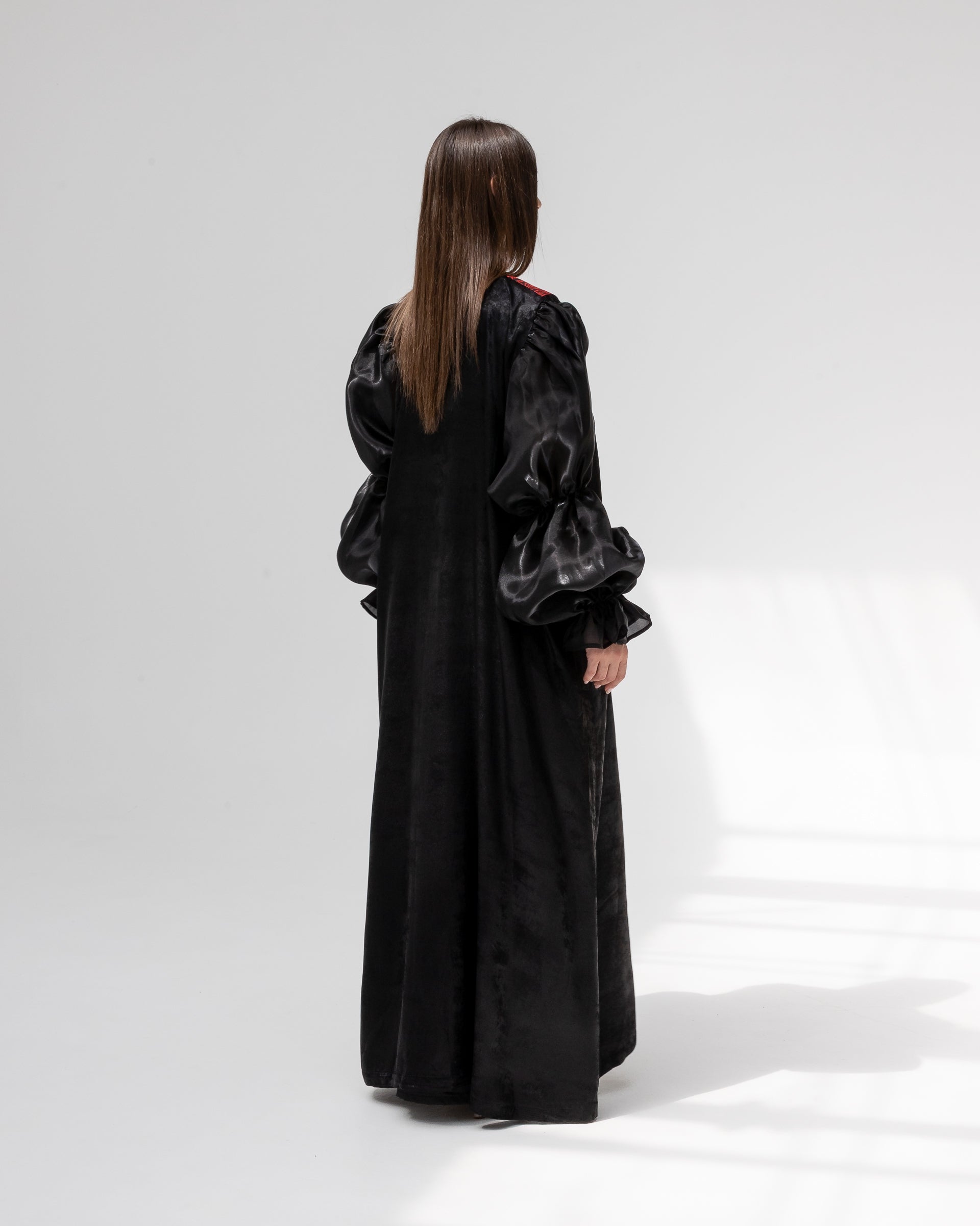 Satin Black Abaya with Red Embroidery Details