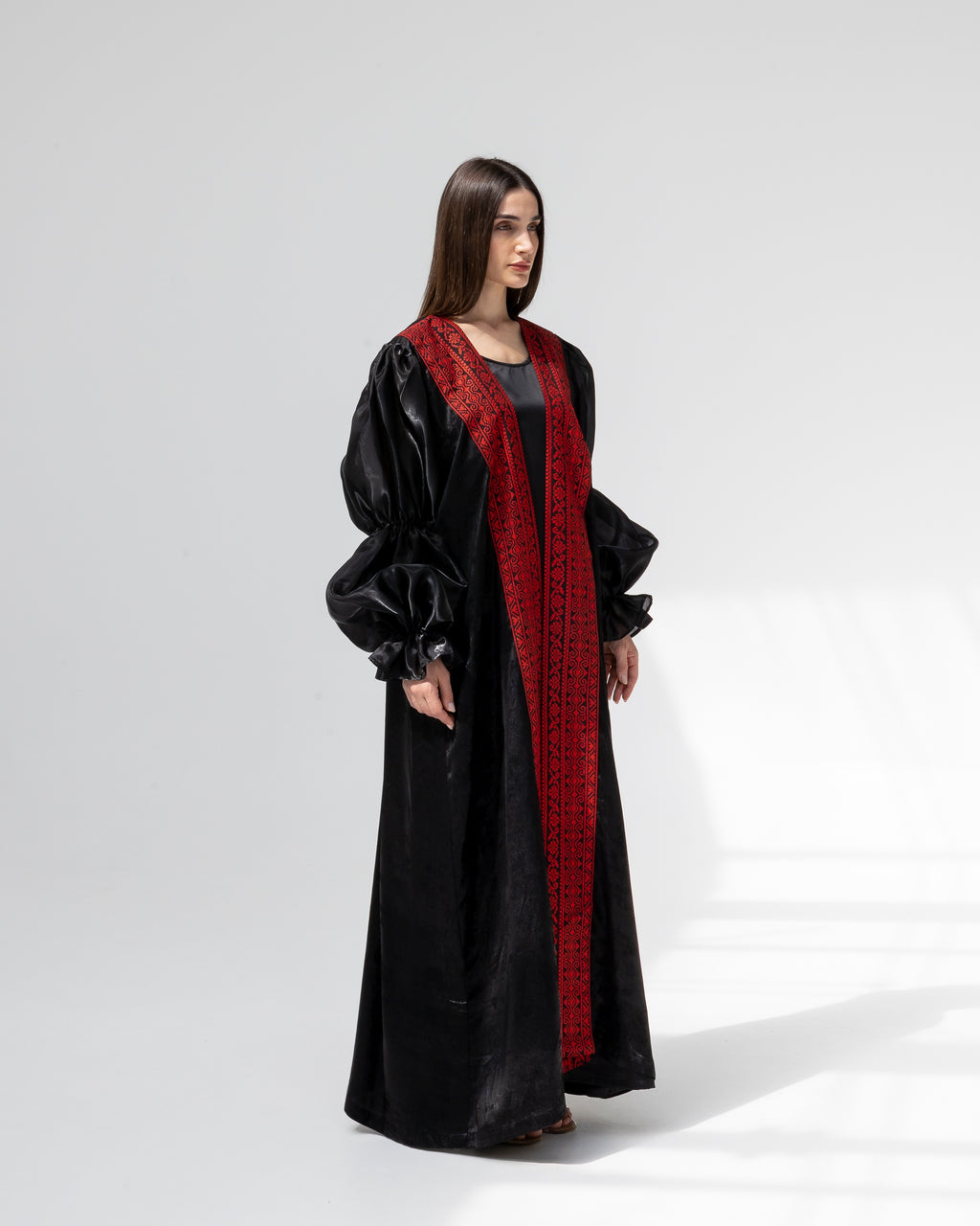 Satin Black Abaya with Red Embroidery Details