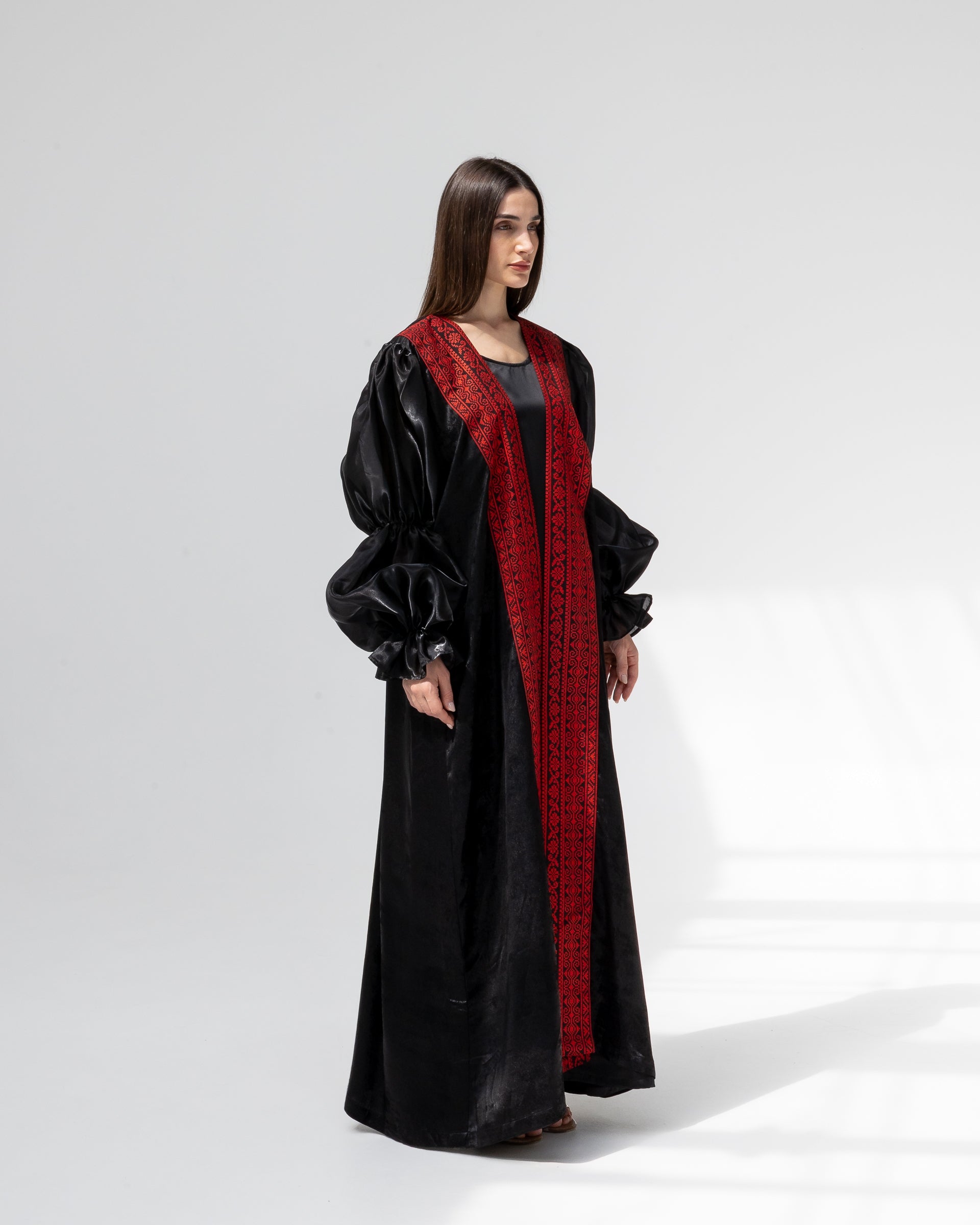 Satin Black Abaya with Red Embroidery Details