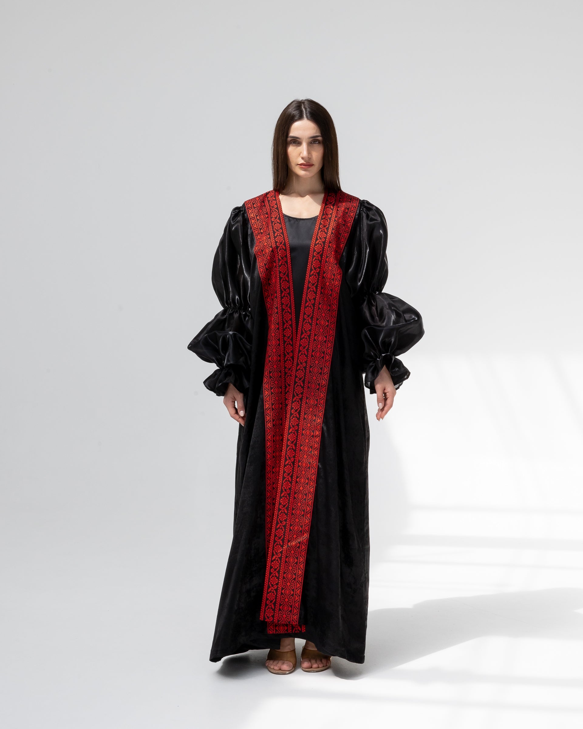 Satin Black Abaya with Red Embroidery Details