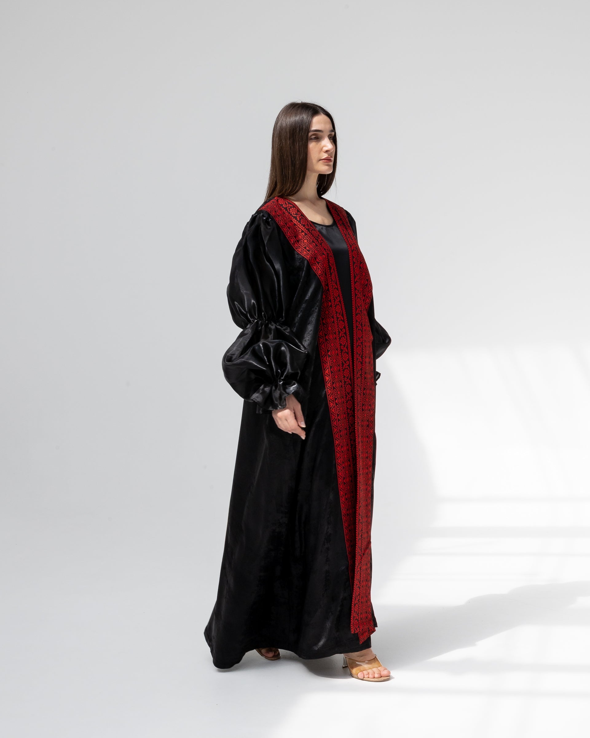 Satin Black Abaya with Red Embroidery Details