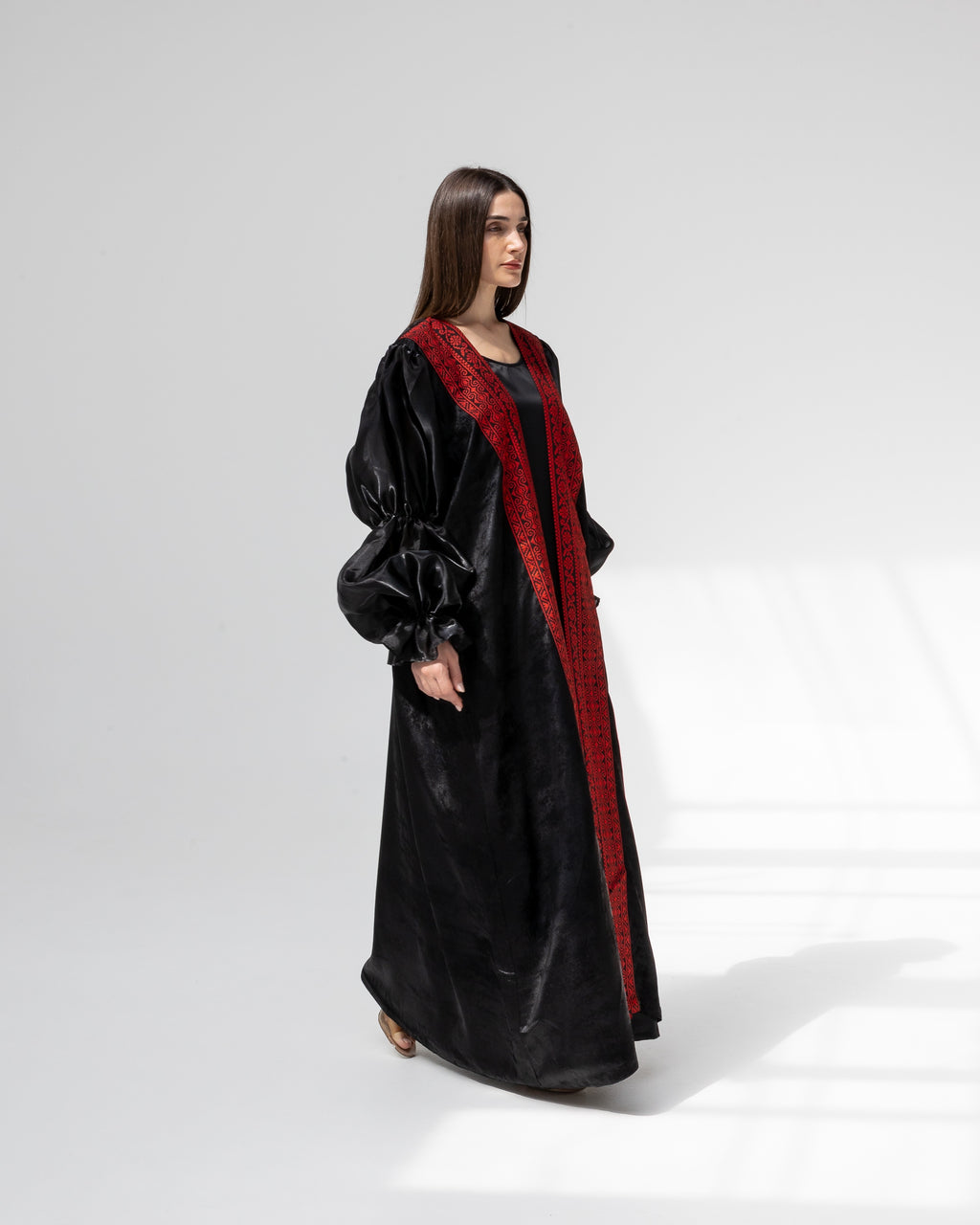 Satin Black Abaya with Red Embroidery Details