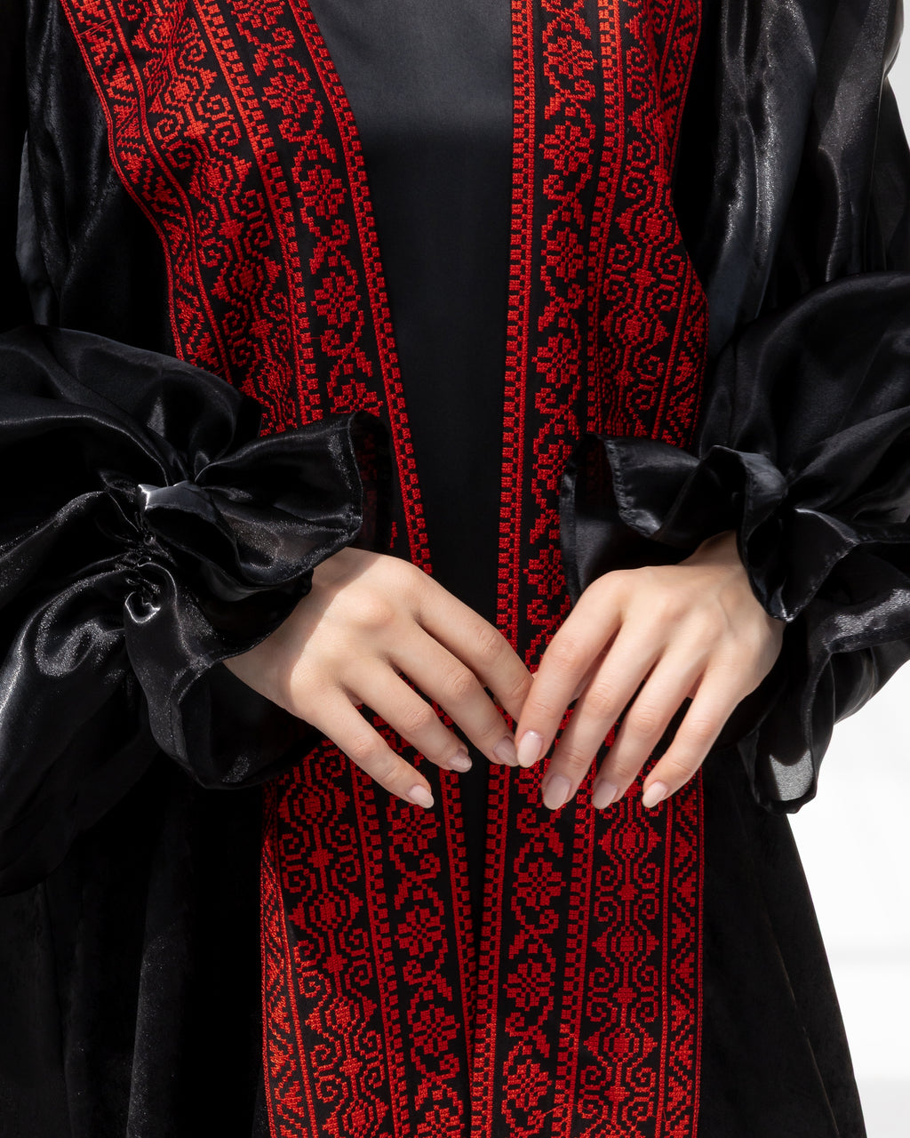Satin Black Abaya with Red Embroidery Details