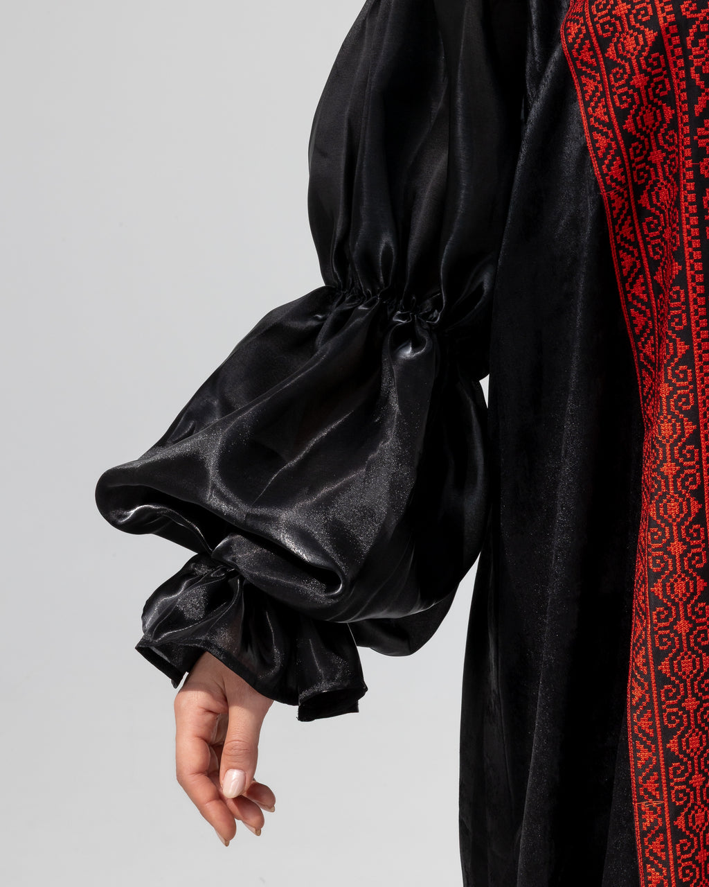 Satin Black Abaya with Red Embroidery Details