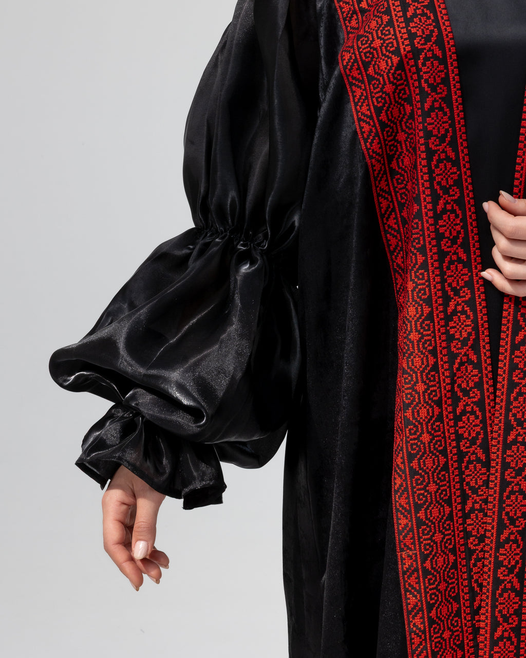 Satin Black Abaya with Red Embroidery Details