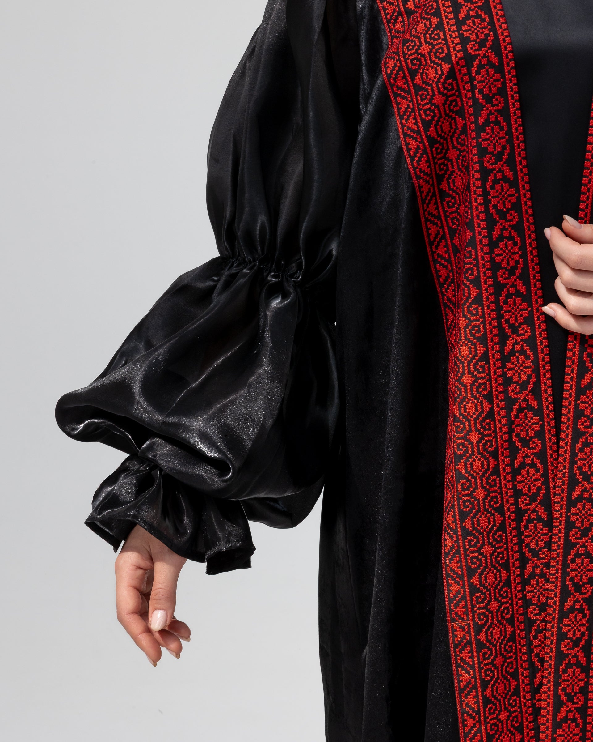Satin Black Abaya with Red Embroidery Details