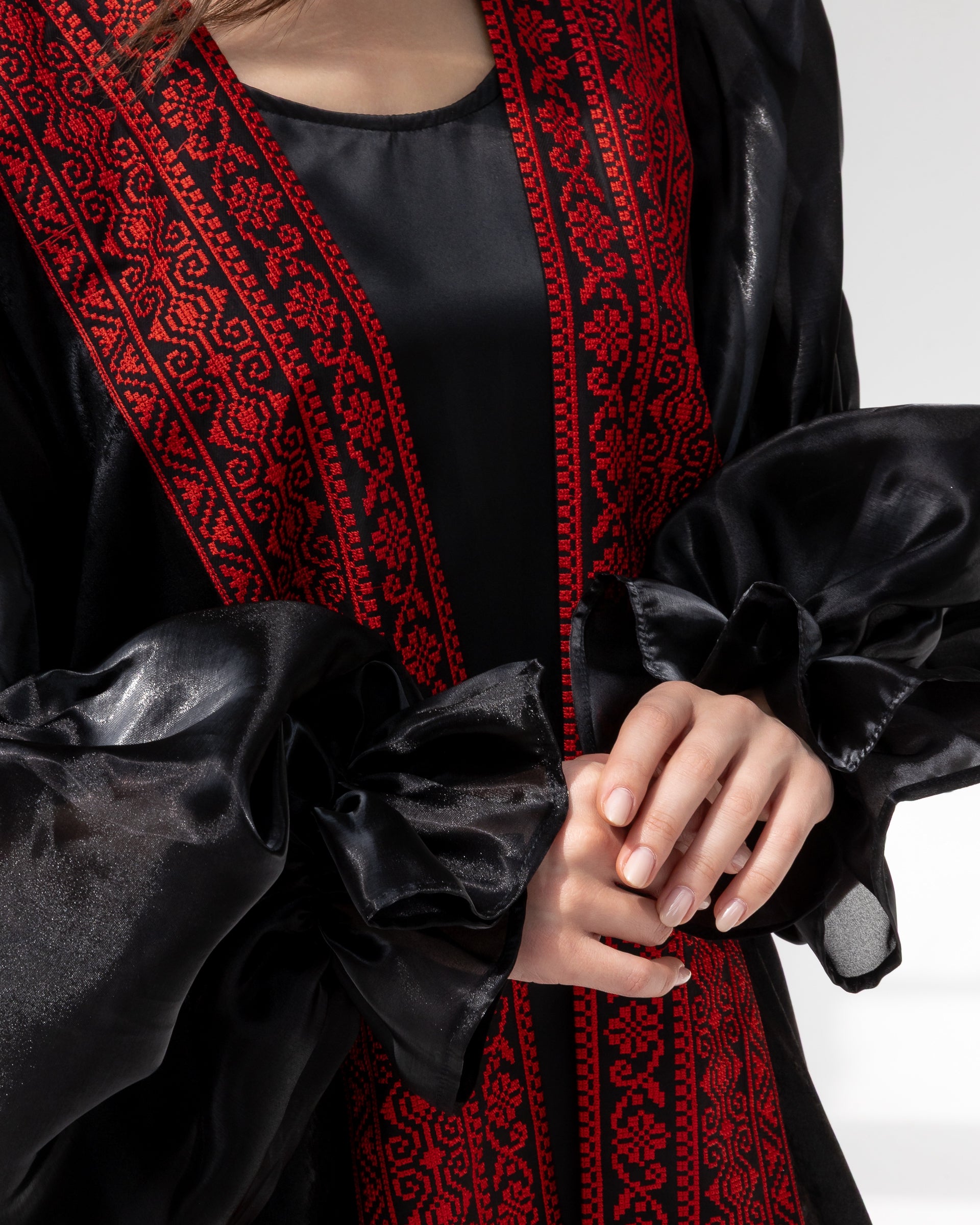 Satin Black Abaya with Red Embroidery Details