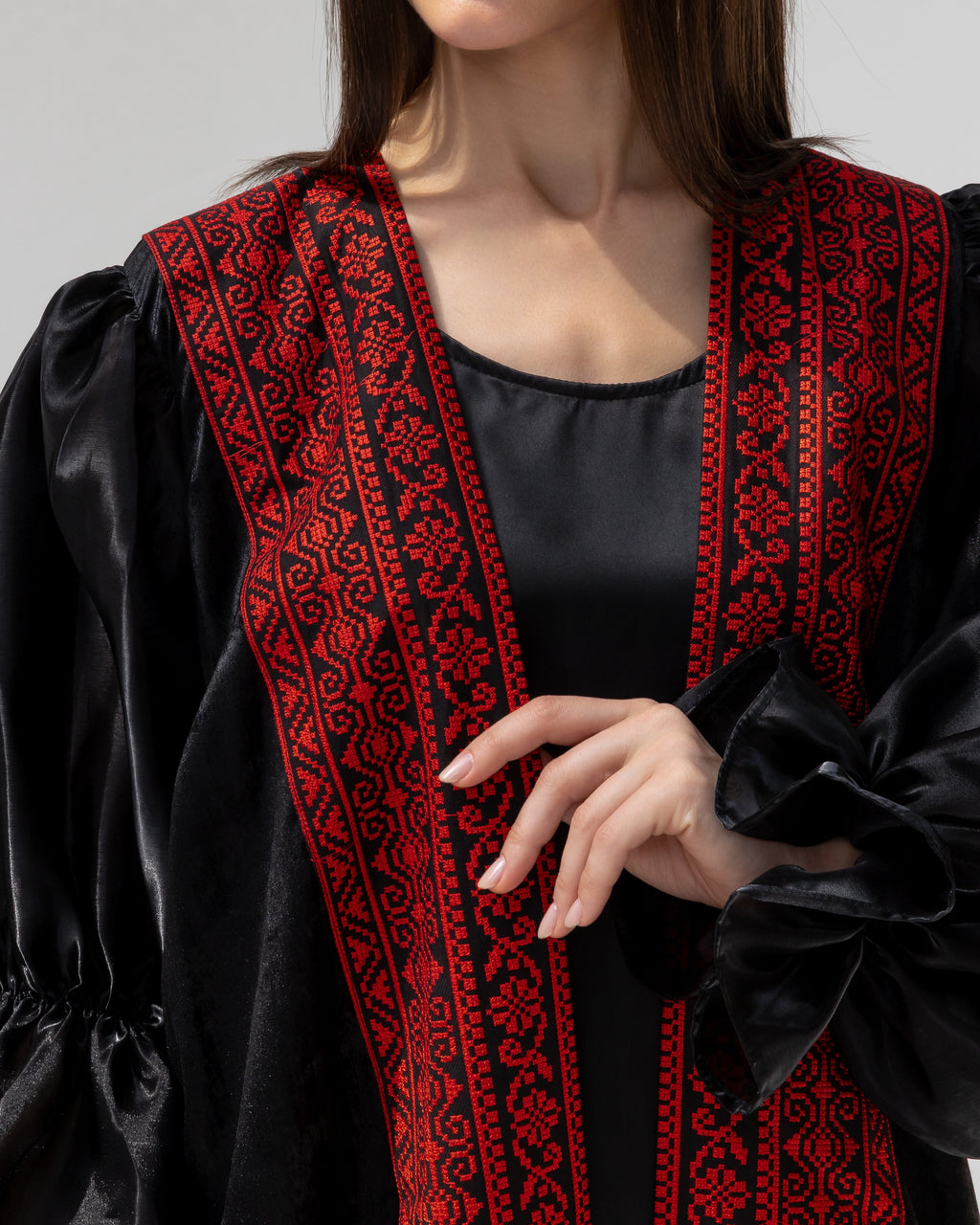 Satin Black Abaya with Red Embroidery Details