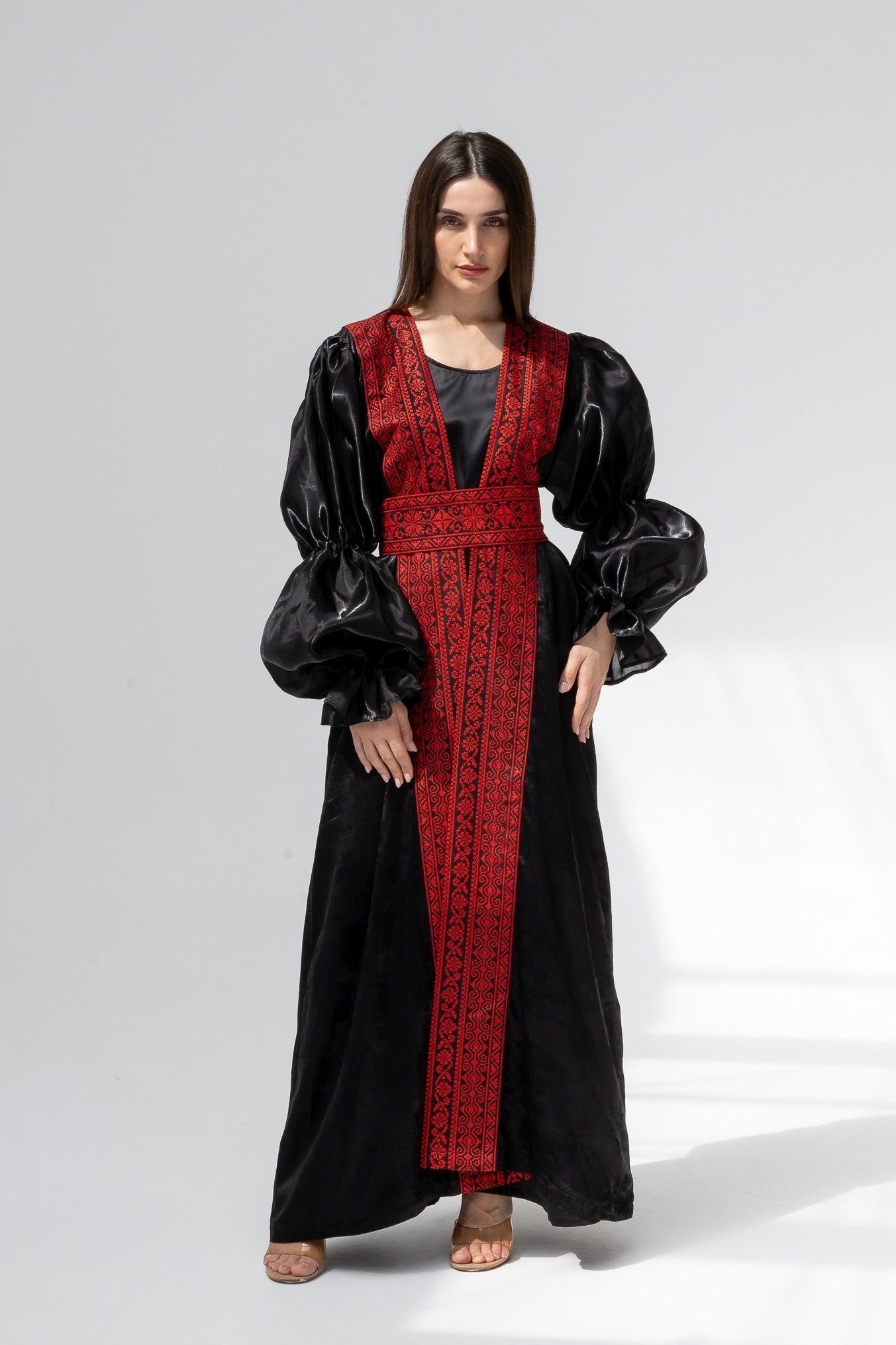 Satin Black Abaya with Red Embroidery Details