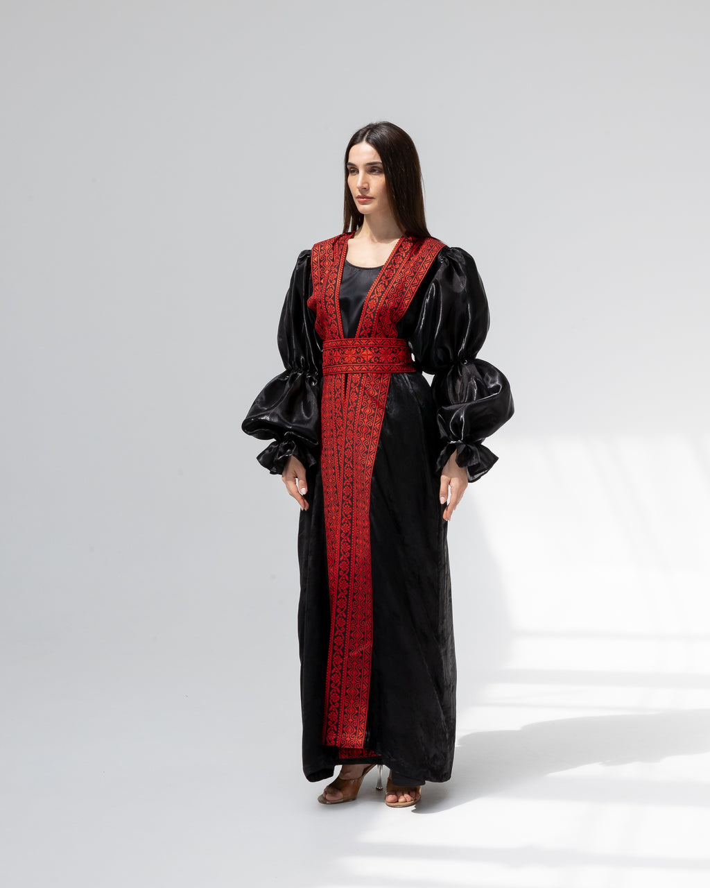 Satin Black Abaya with Red Embroidery Details