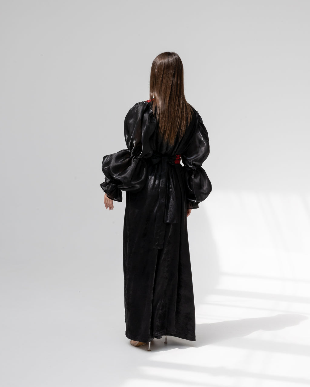 Satin Black Abaya with Red Embroidery Details