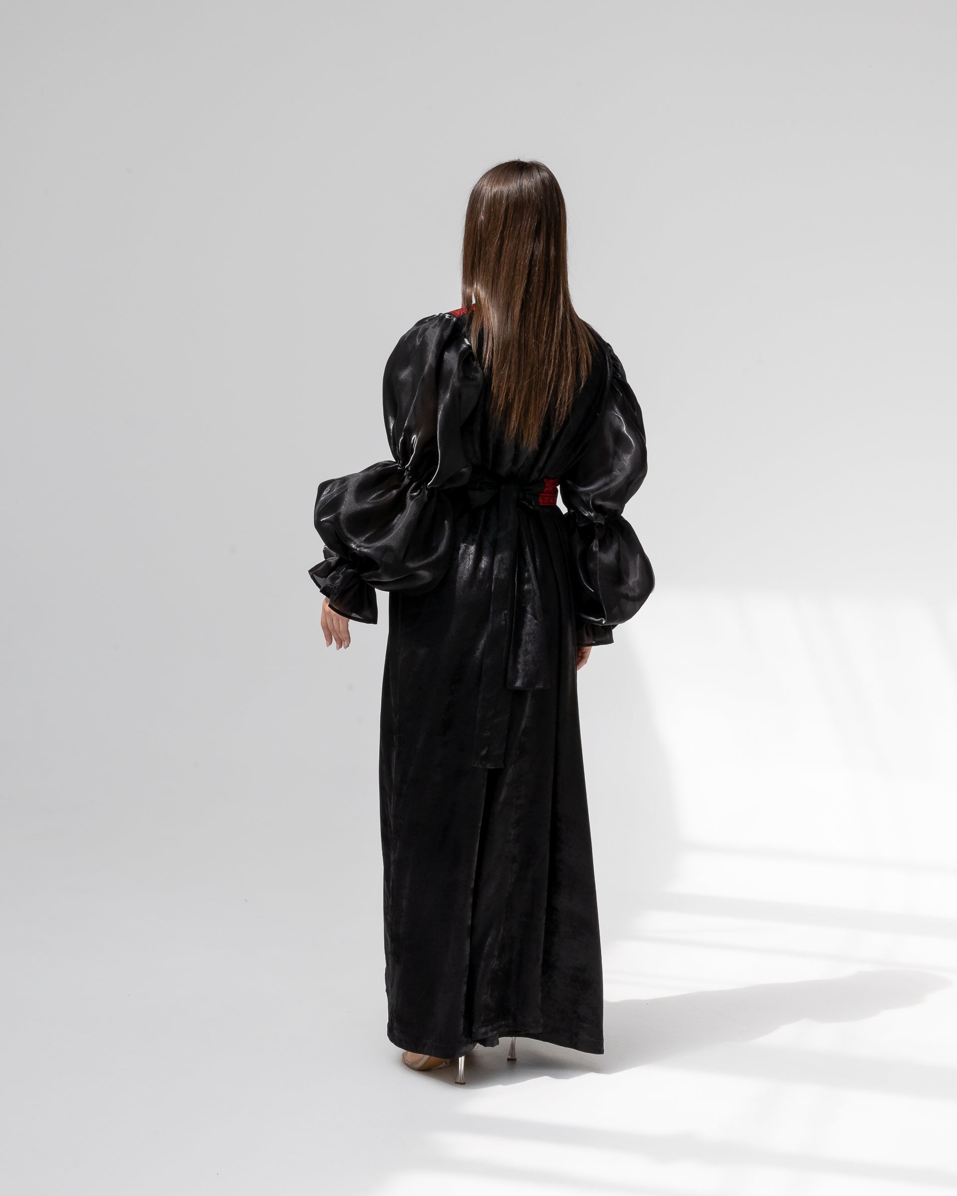 Satin Black Abaya with Red Embroidery Details