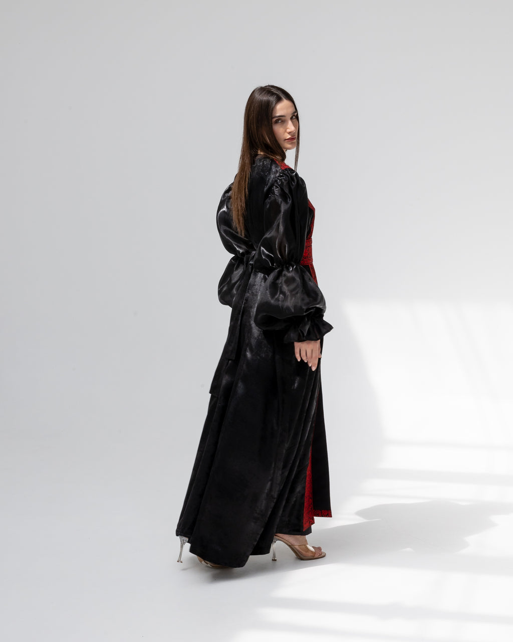 Satin Black Abaya with Red Embroidery Details