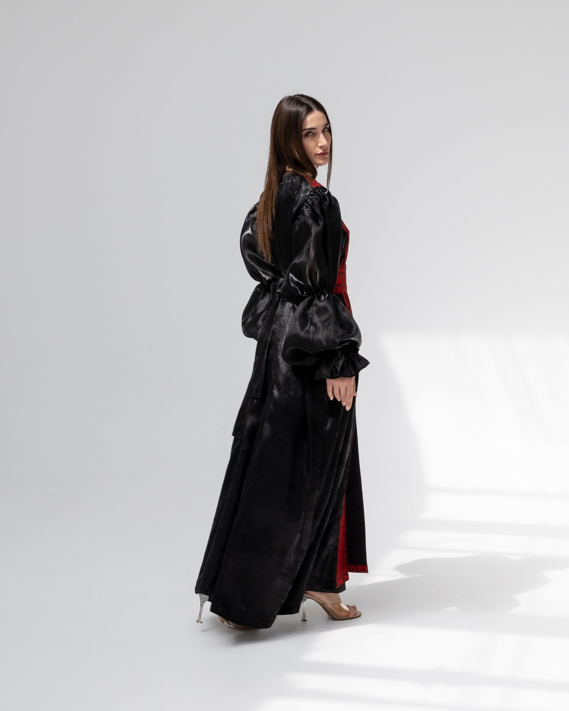 Satin Black Abaya with Red Embroidery Details