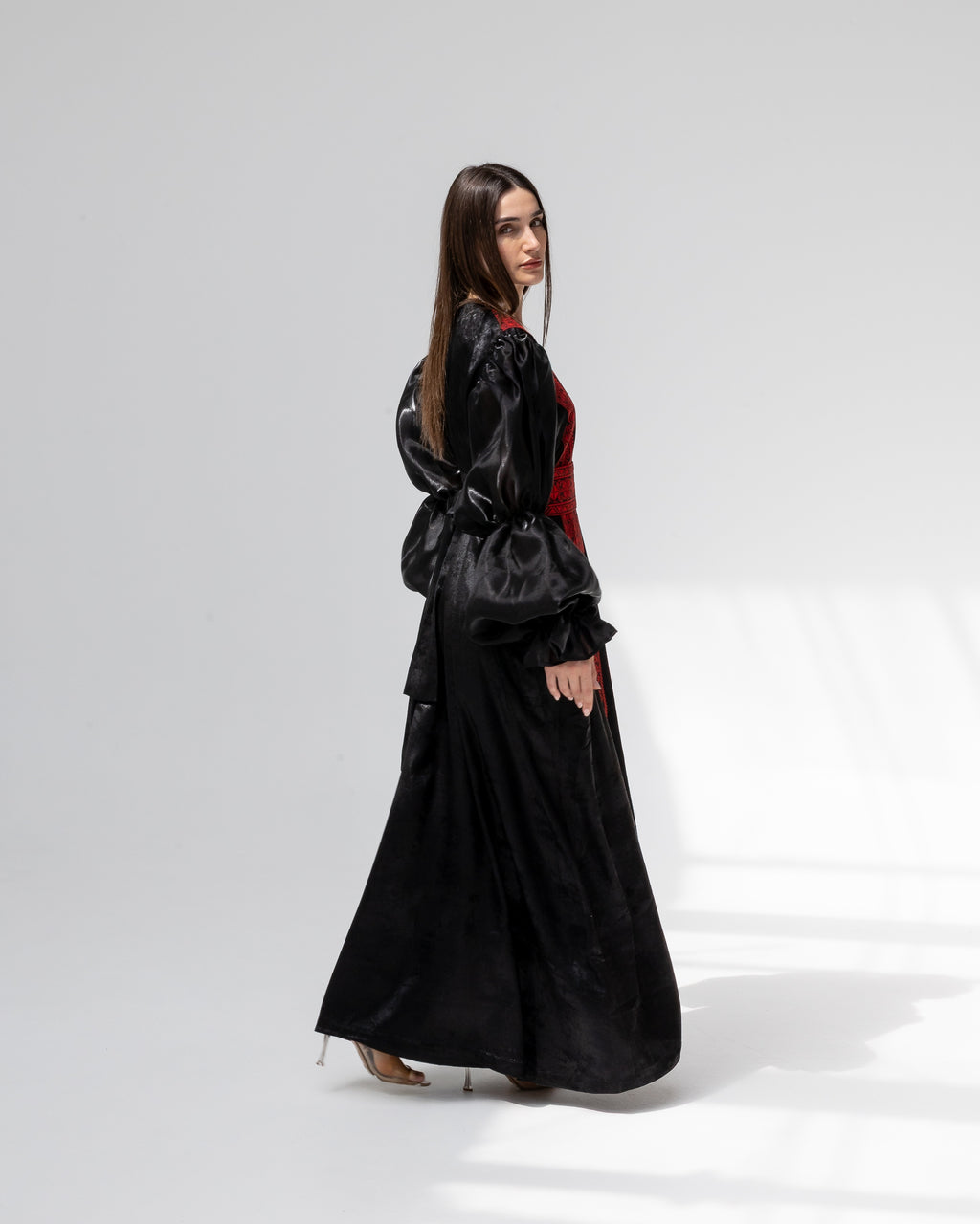 Satin Black Abaya with Red Embroidery Details