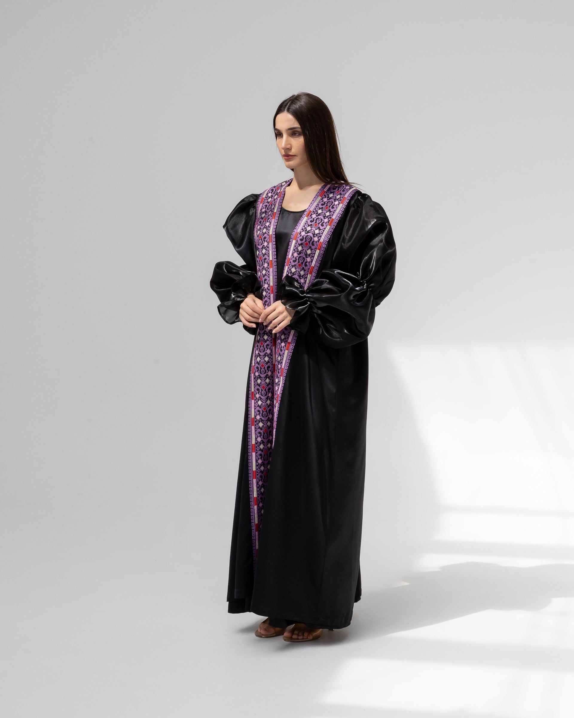 Satin Black Abaya with Purple Embroidery Details