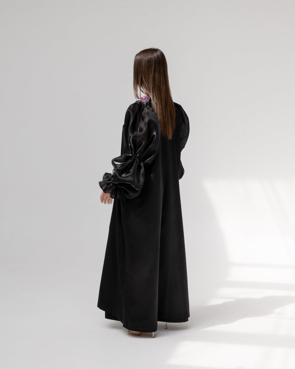 Satin Black Abaya with Purple Embroidery Details