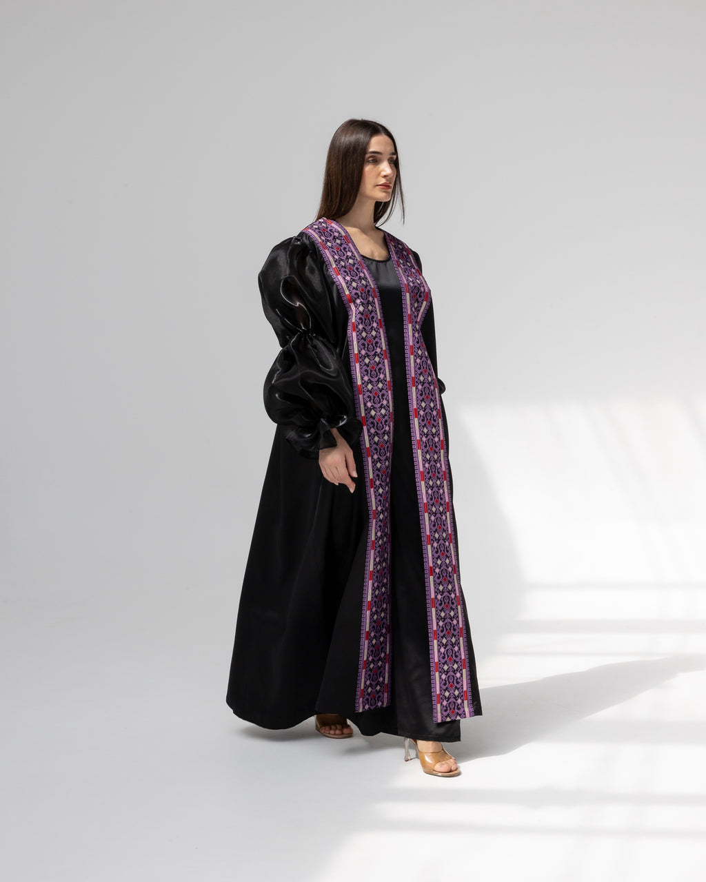 Satin Black Abaya with Purple Embroidery Details