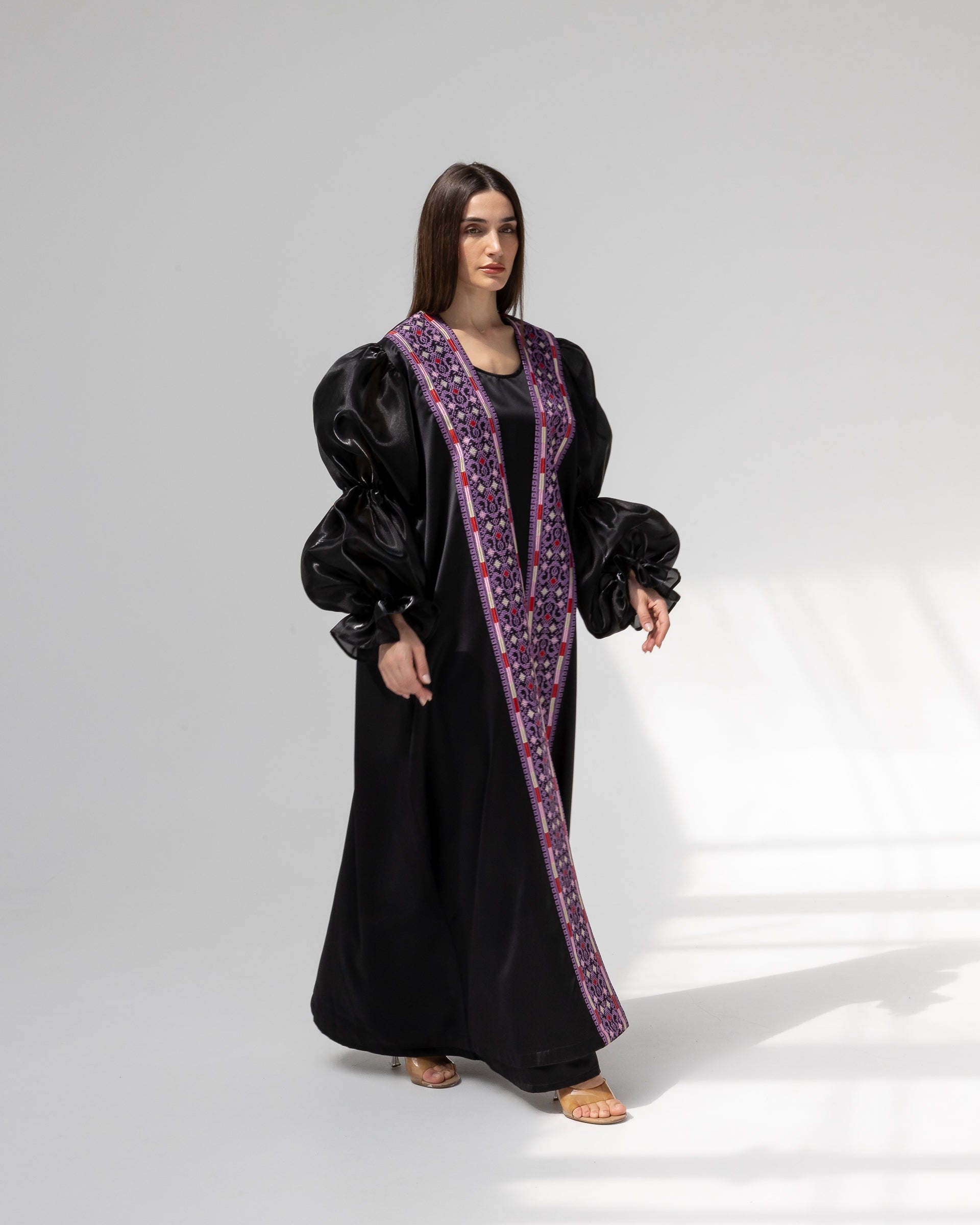 Satin Black Abaya with Purple Embroidery Details