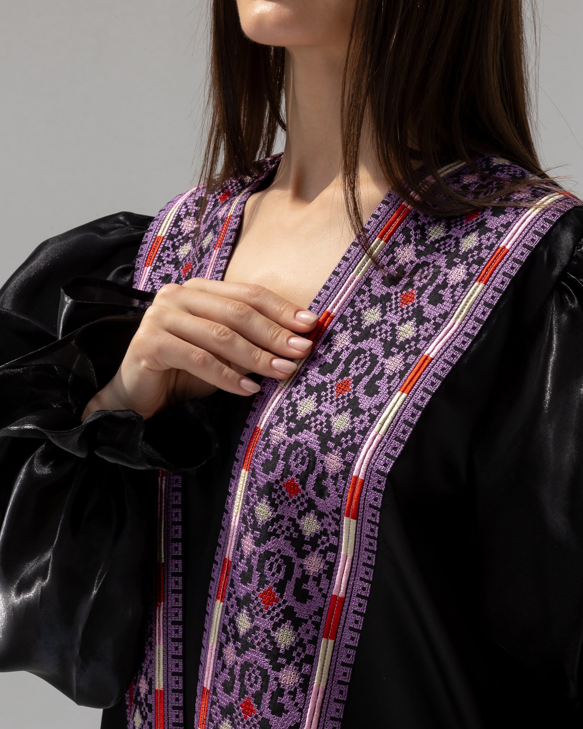 Satin Black Abaya with Purple Embroidery Details