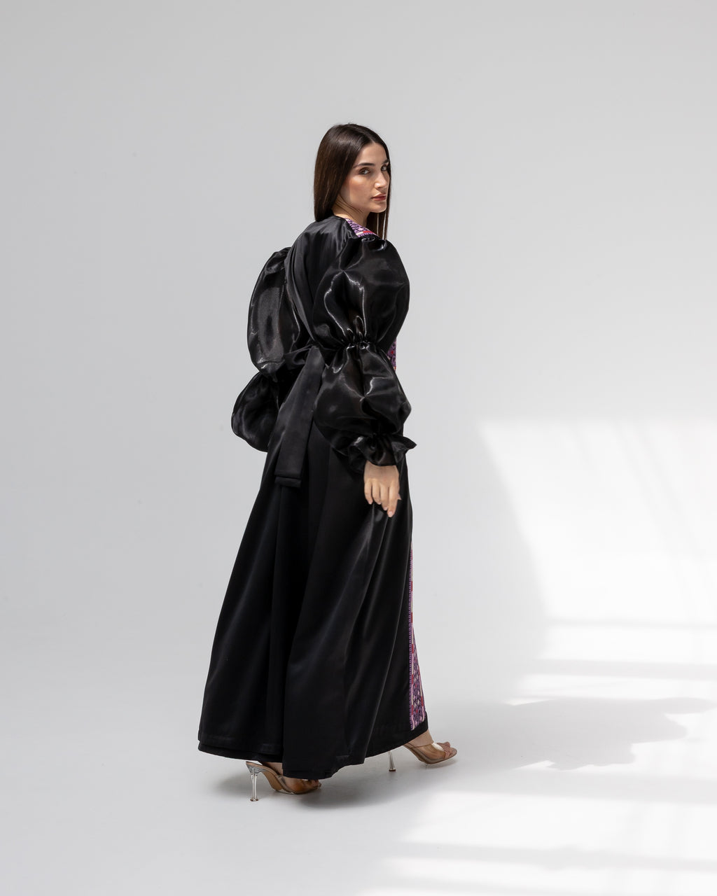 Satin Black Abaya with Purple Embroidery Details