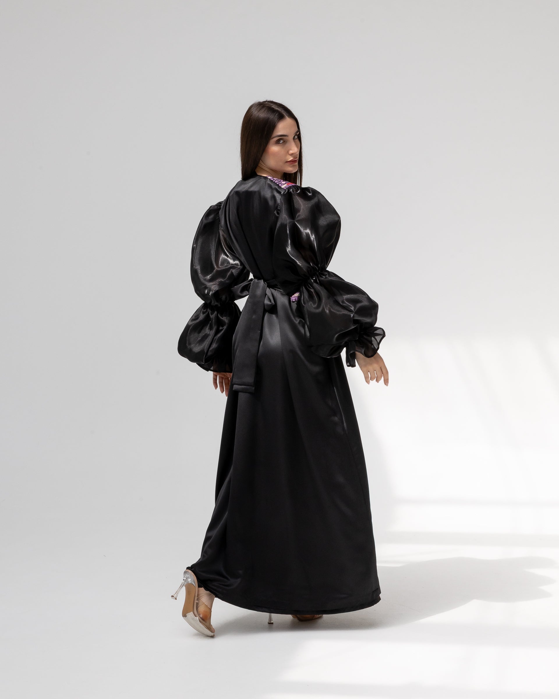 Satin Black Abaya with Purple Embroidery Details