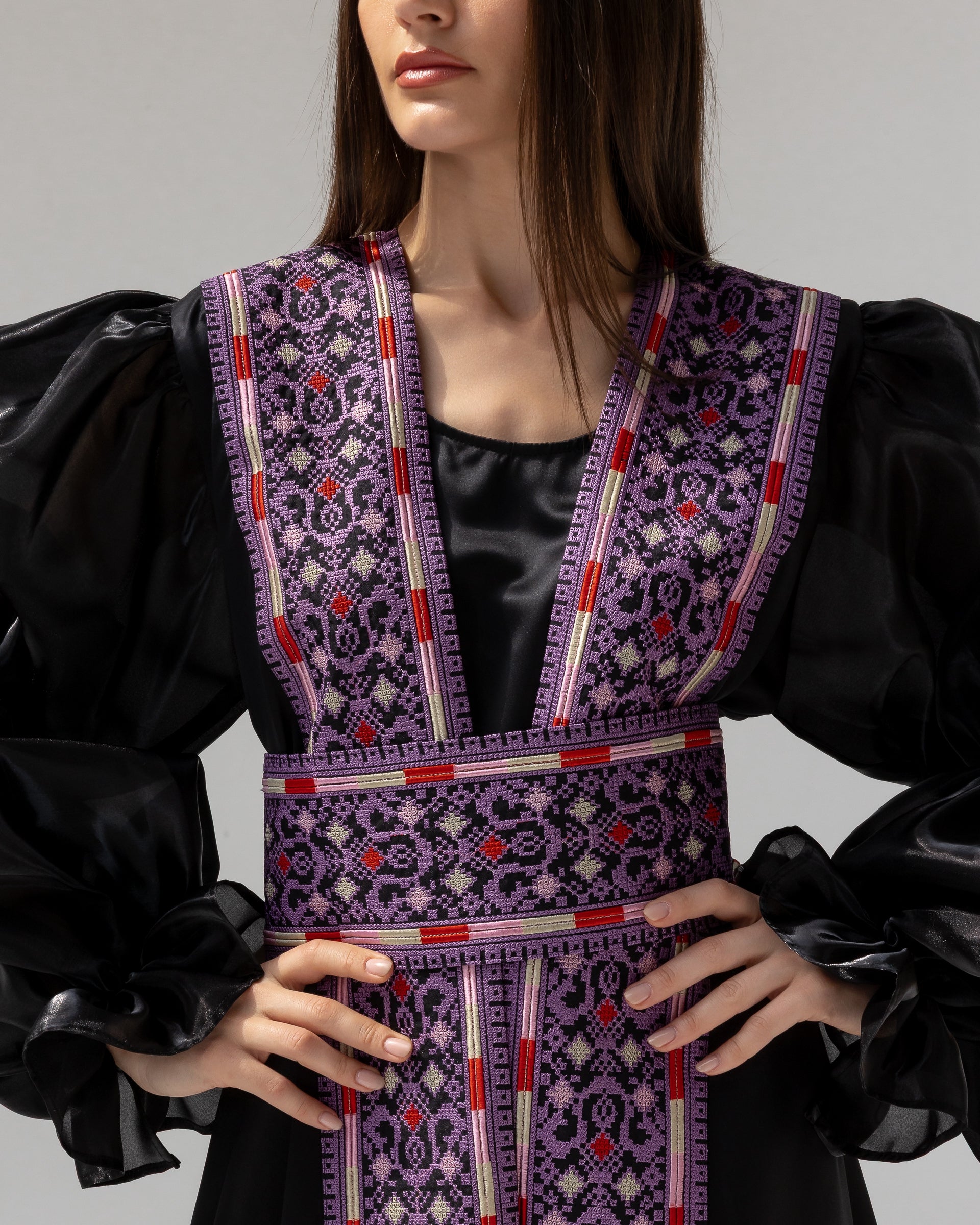 Satin Black Abaya with Purple Embroidery Details