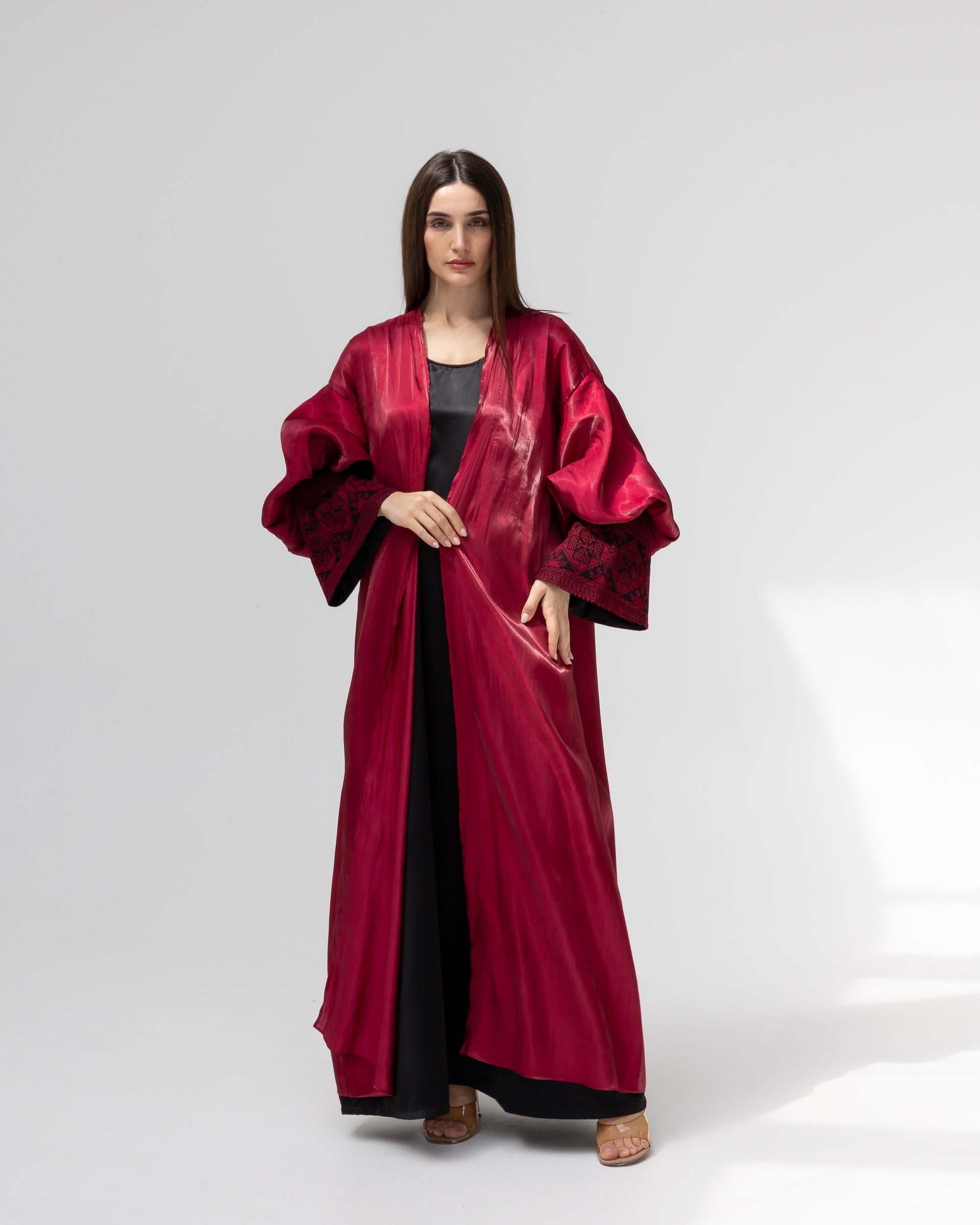 Satin Ruby Abaya with Embroidery Details