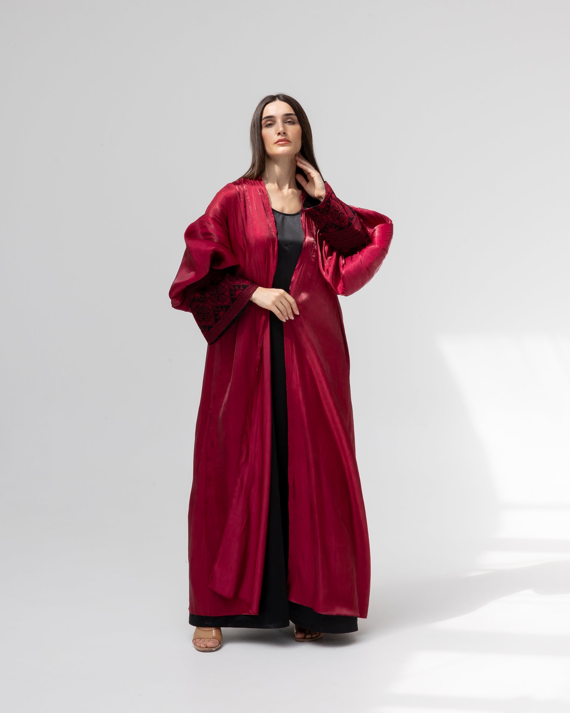 Satin Ruby Abaya with Embroidery Details