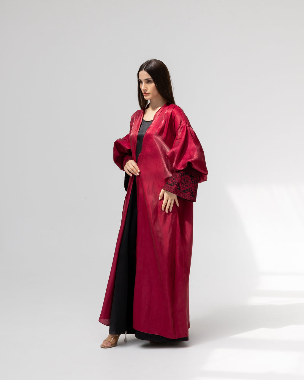 Satin Ruby Abaya with Embroidery Details