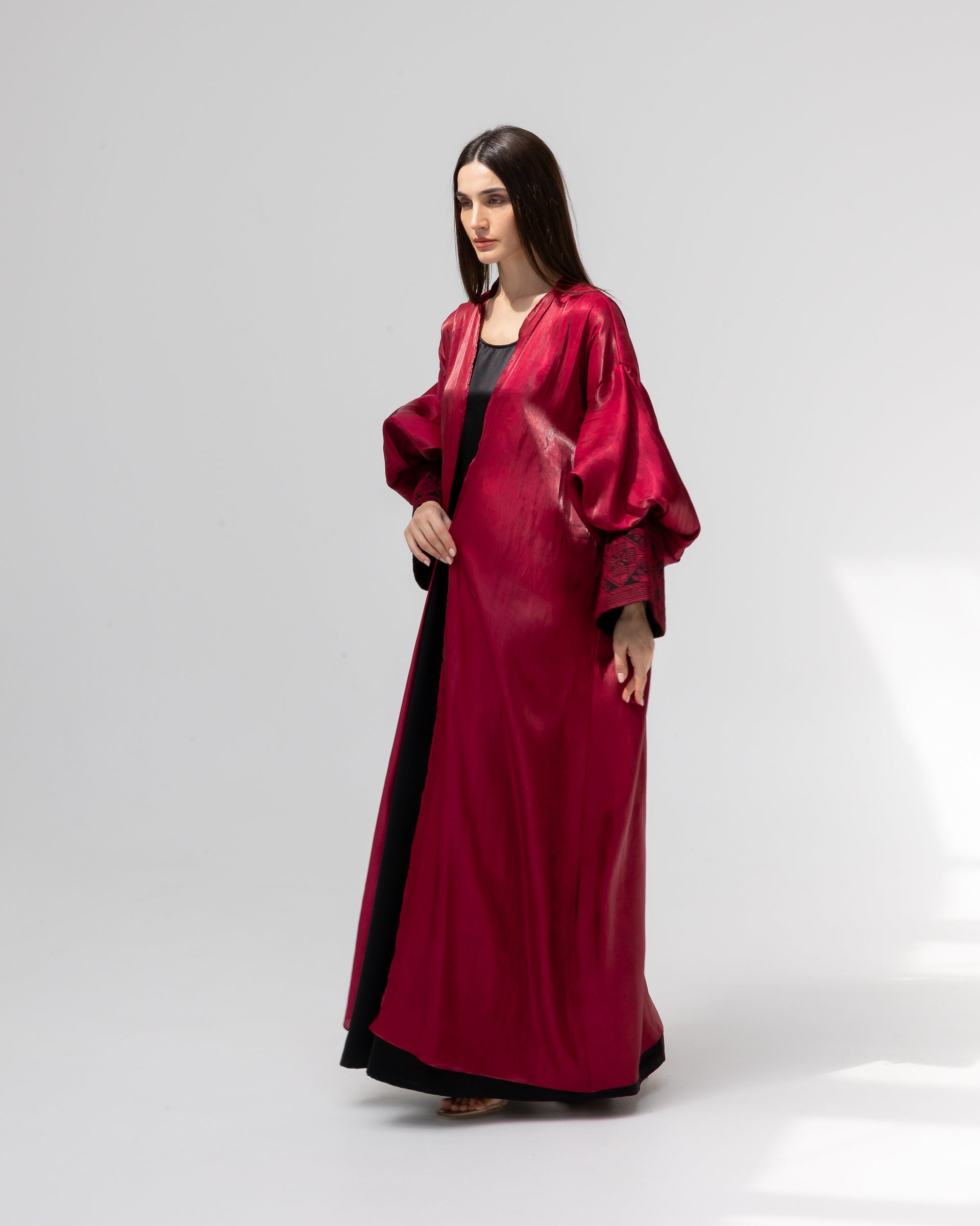 Satin Ruby Abaya with Embroidery Details