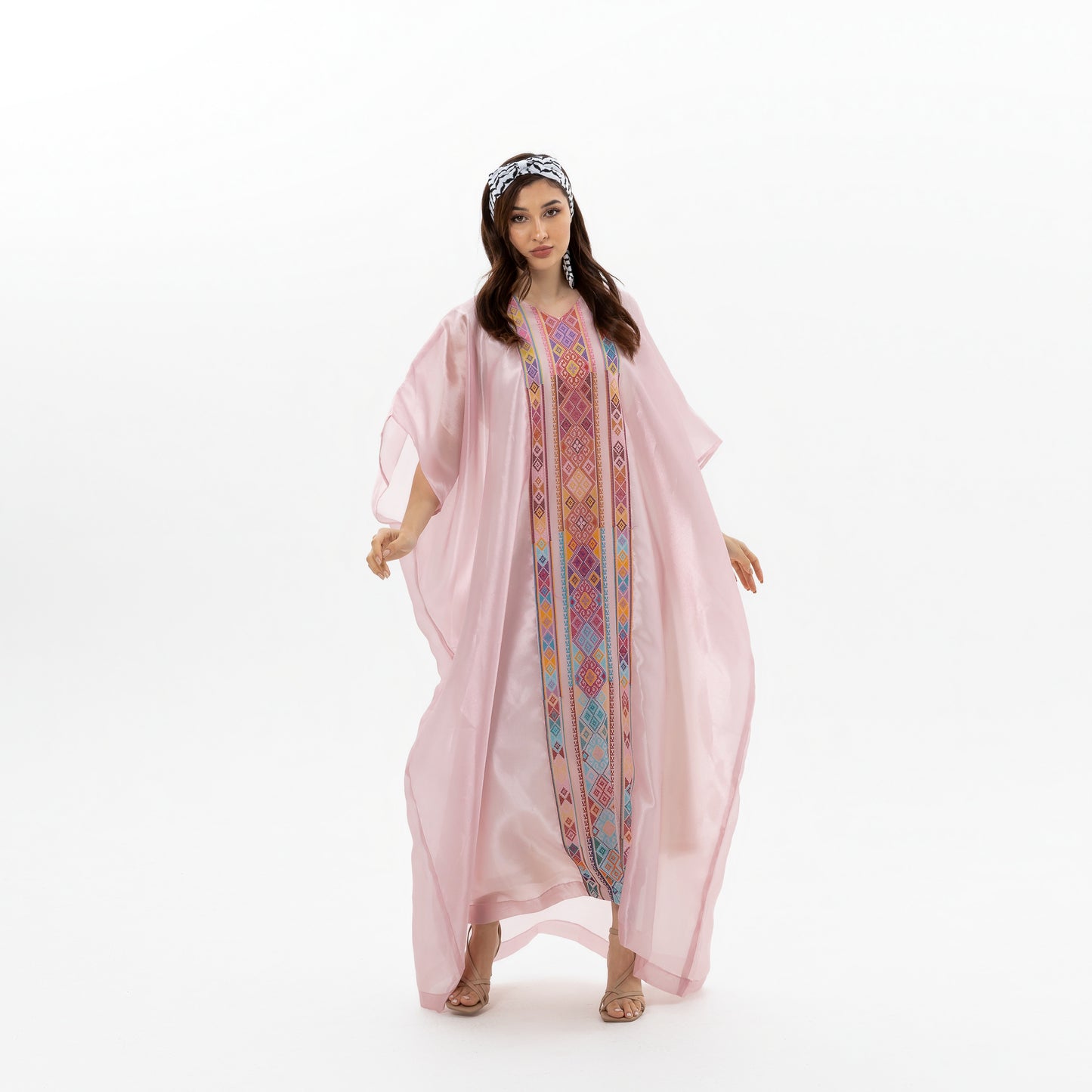 Glossy Pink Kaftan with Tatreez