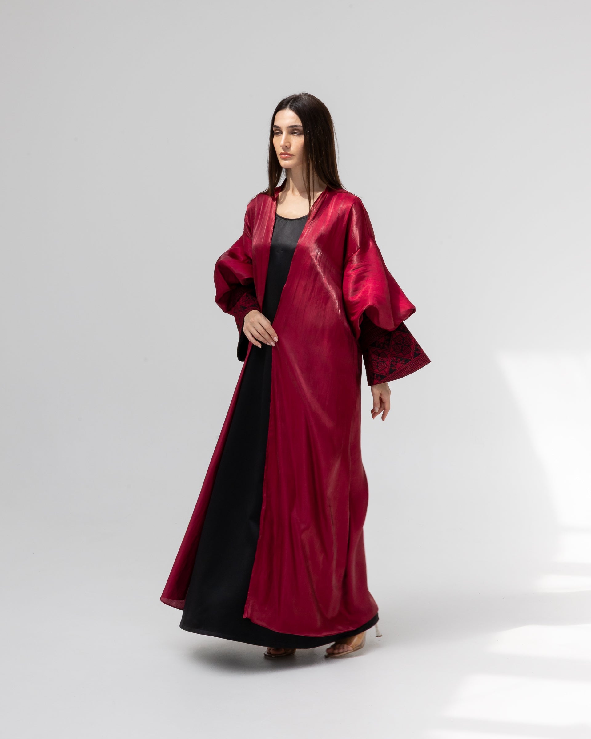 Satin Ruby Abaya with Embroidery Details