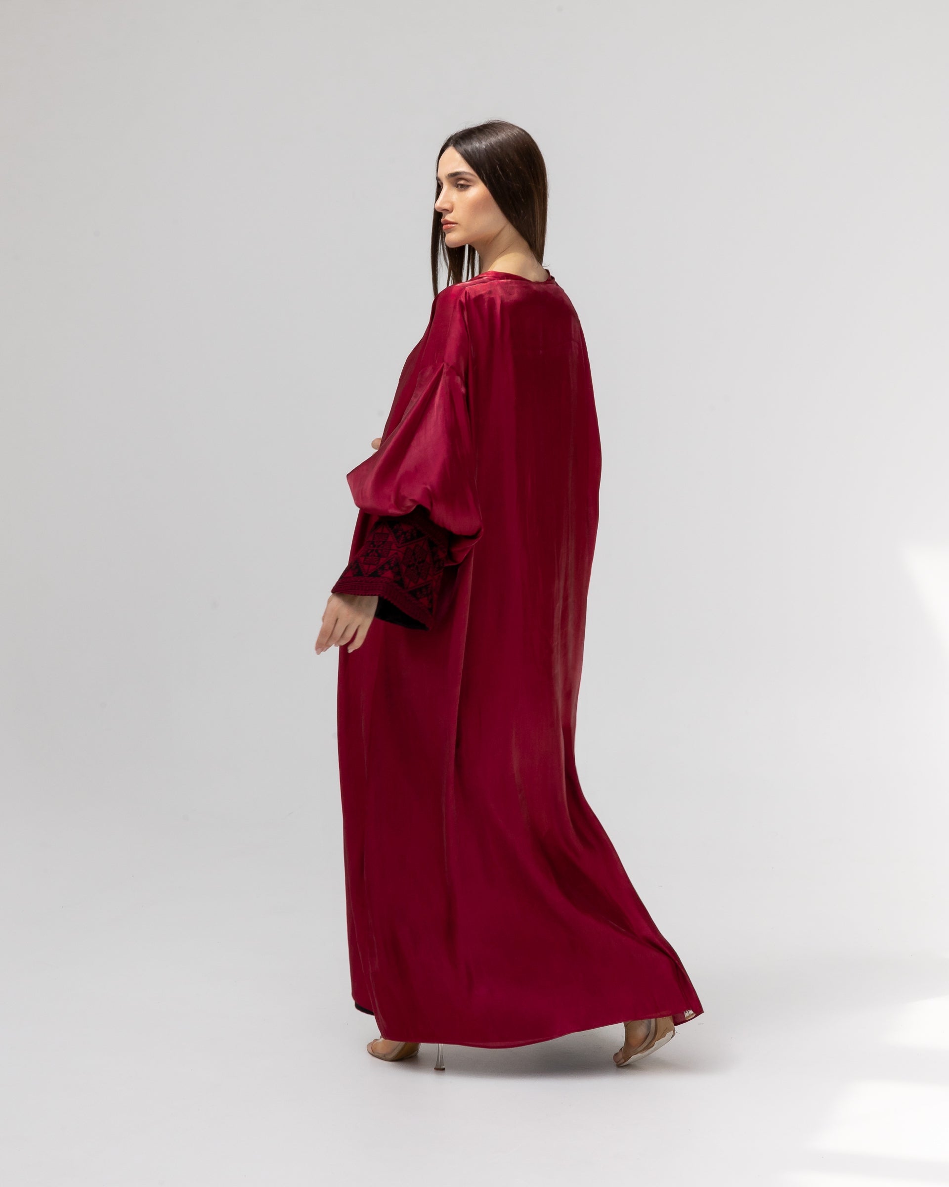Satin Ruby Abaya with Embroidery Details
