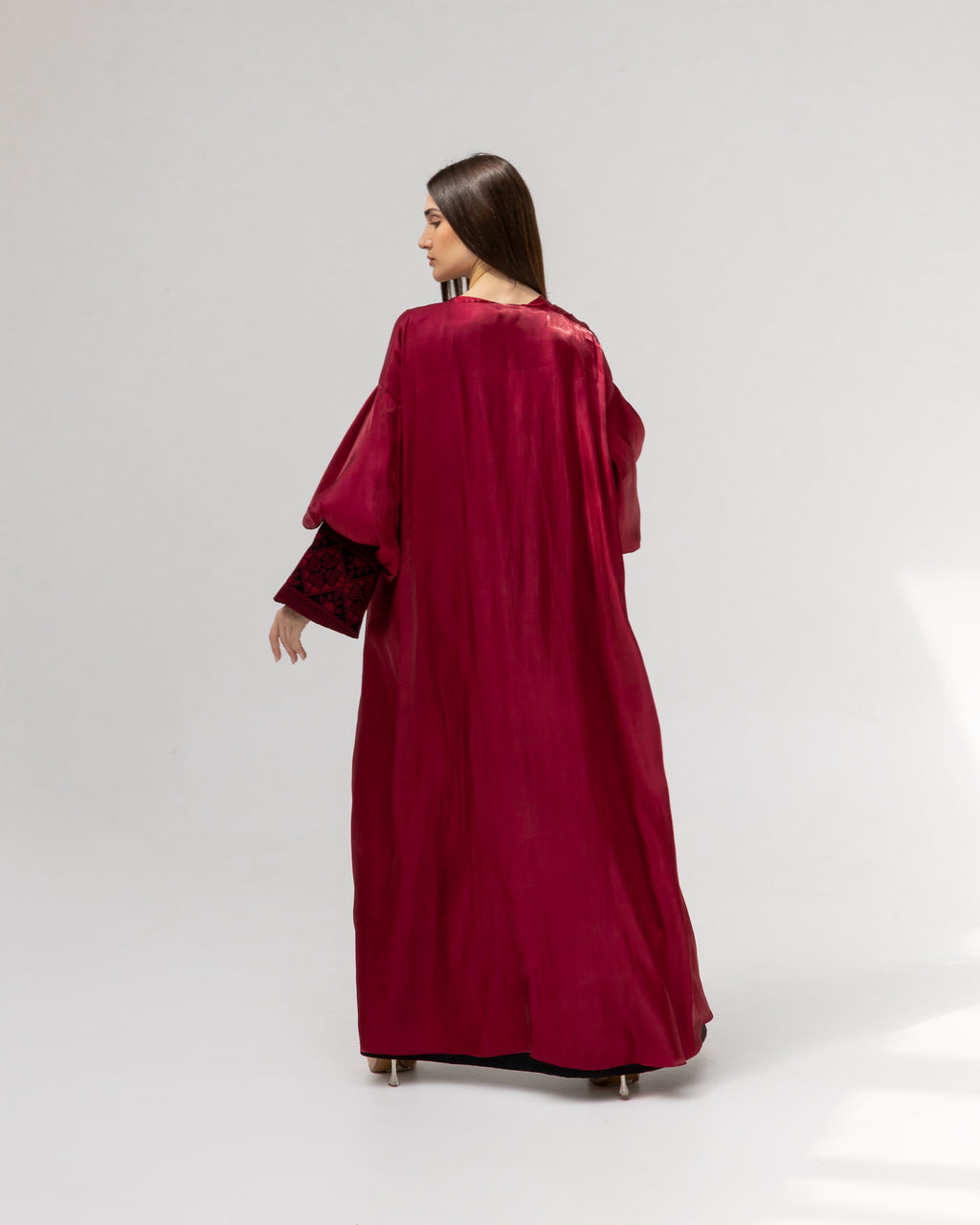 Satin Ruby Abaya with Embroidery Details