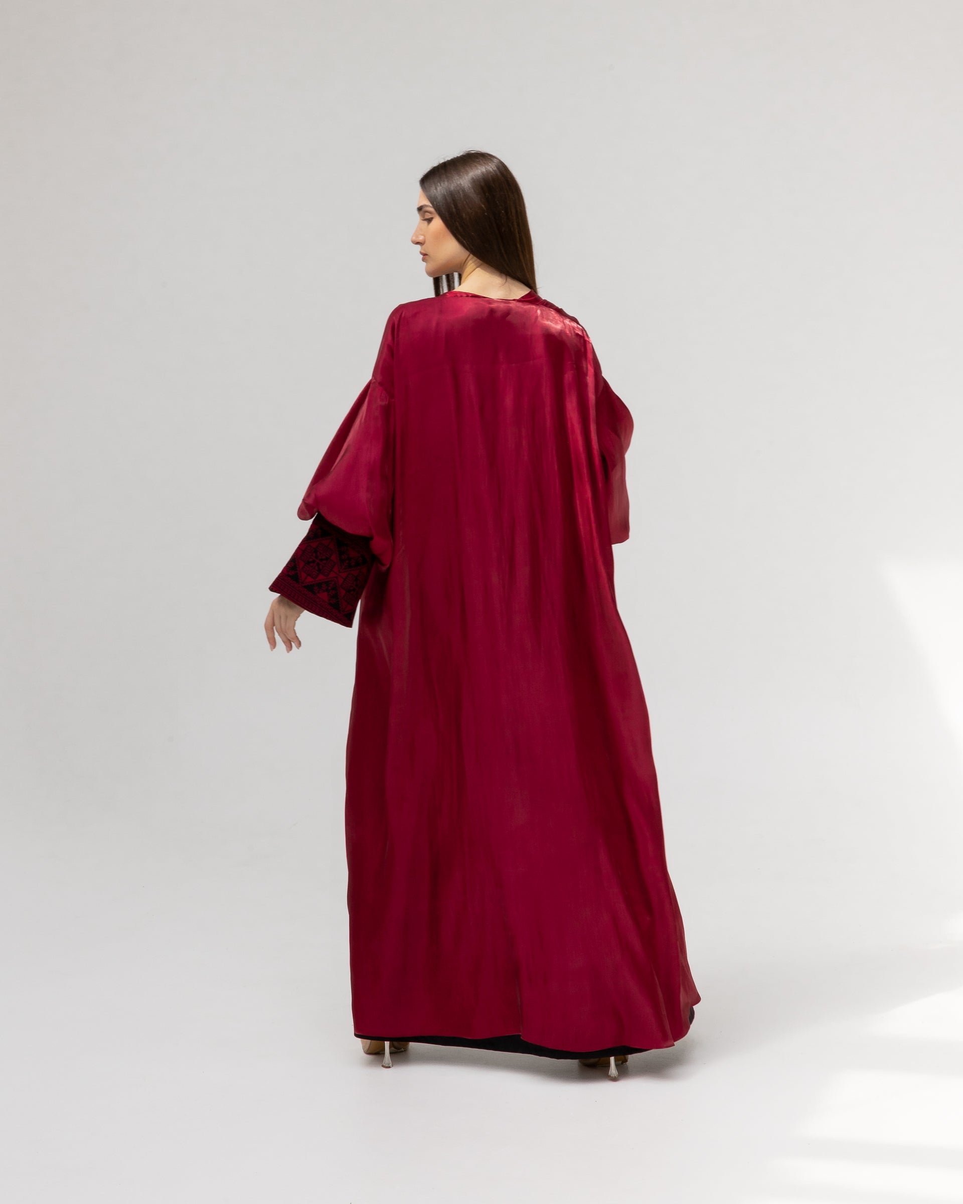 Satin Ruby Abaya with Embroidery Details