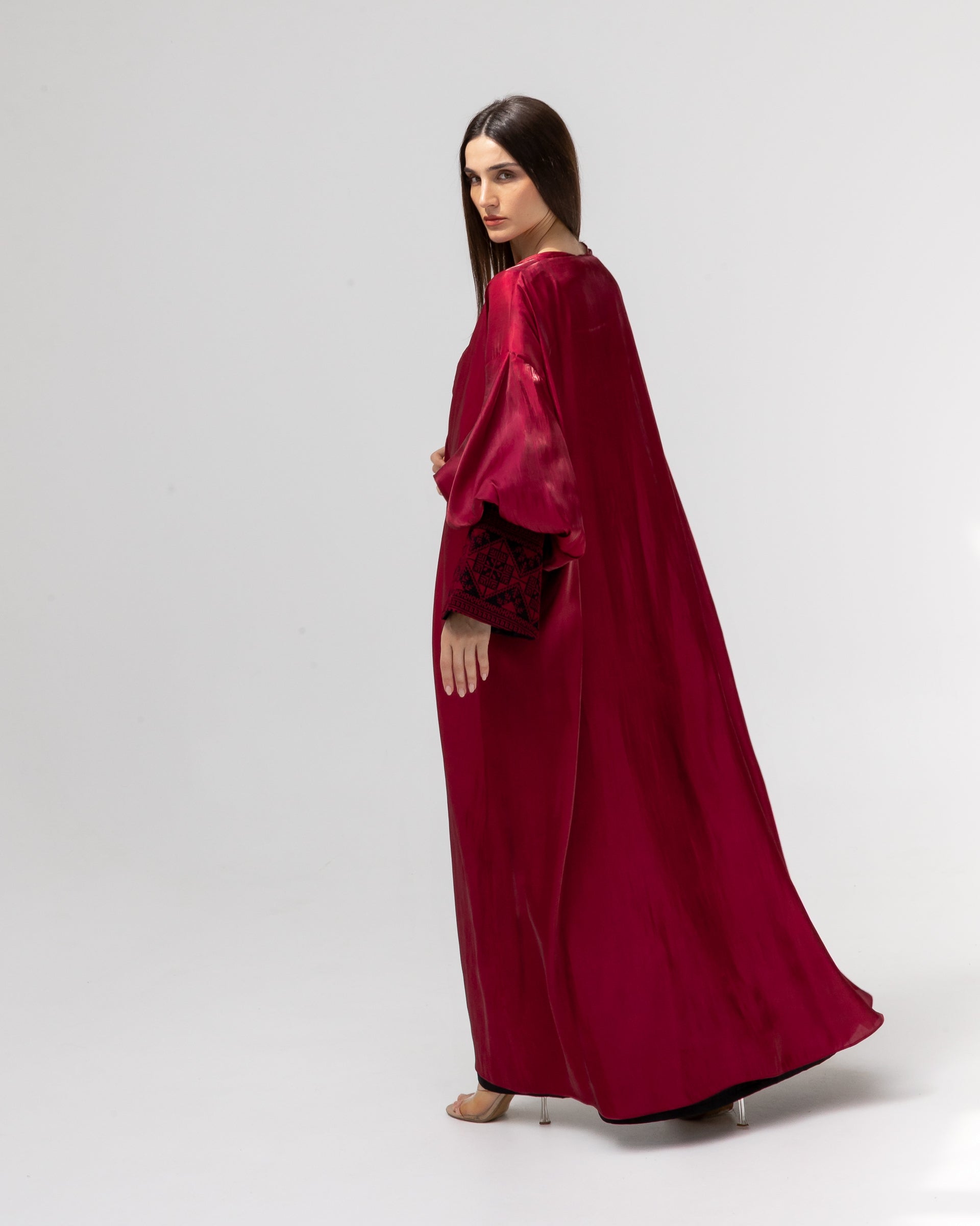 Satin Ruby Abaya with Embroidery Details