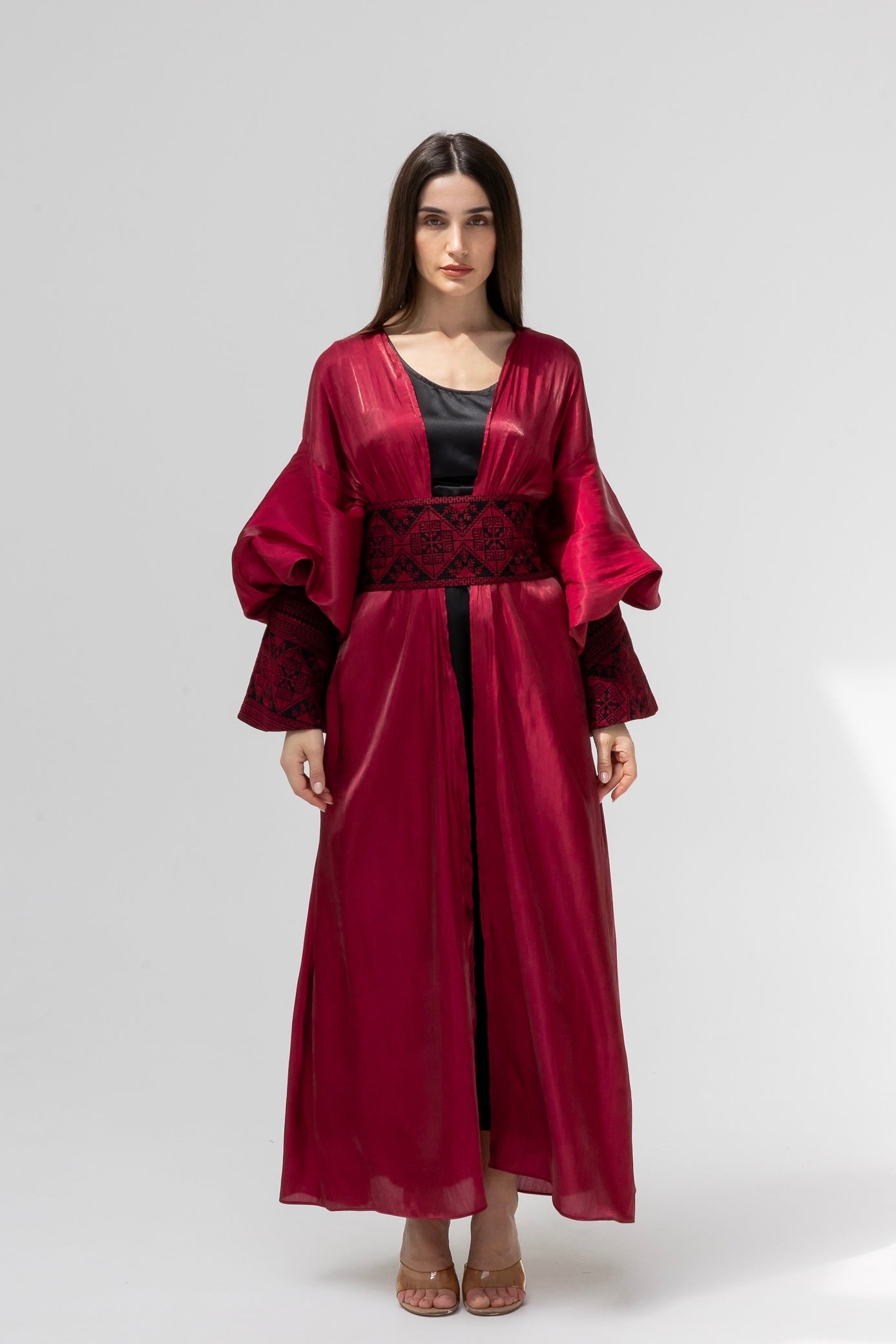 Satin Ruby Abaya with Embroidery Details