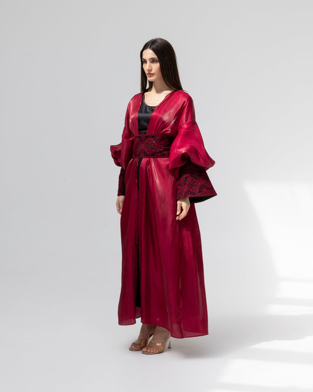 Satin Ruby Abaya with Embroidery Details