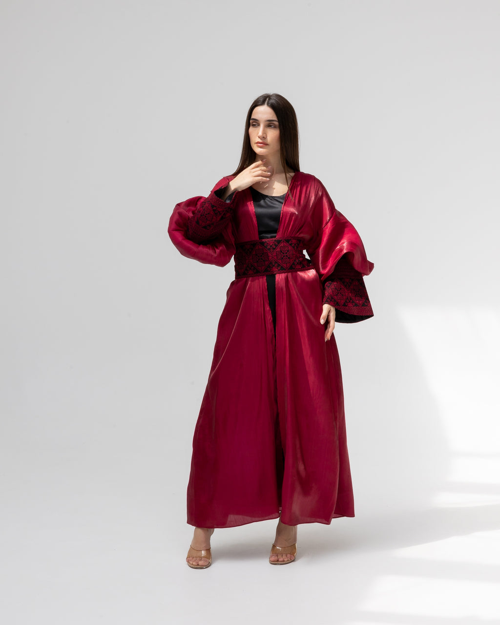 Satin Ruby Abaya with Embroidery Details