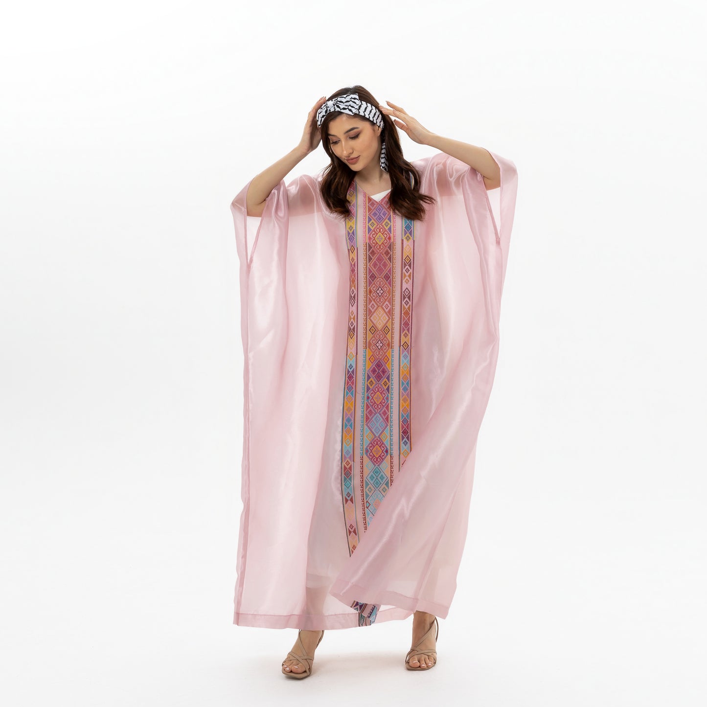 Glossy Pink Kaftan with Tatreez