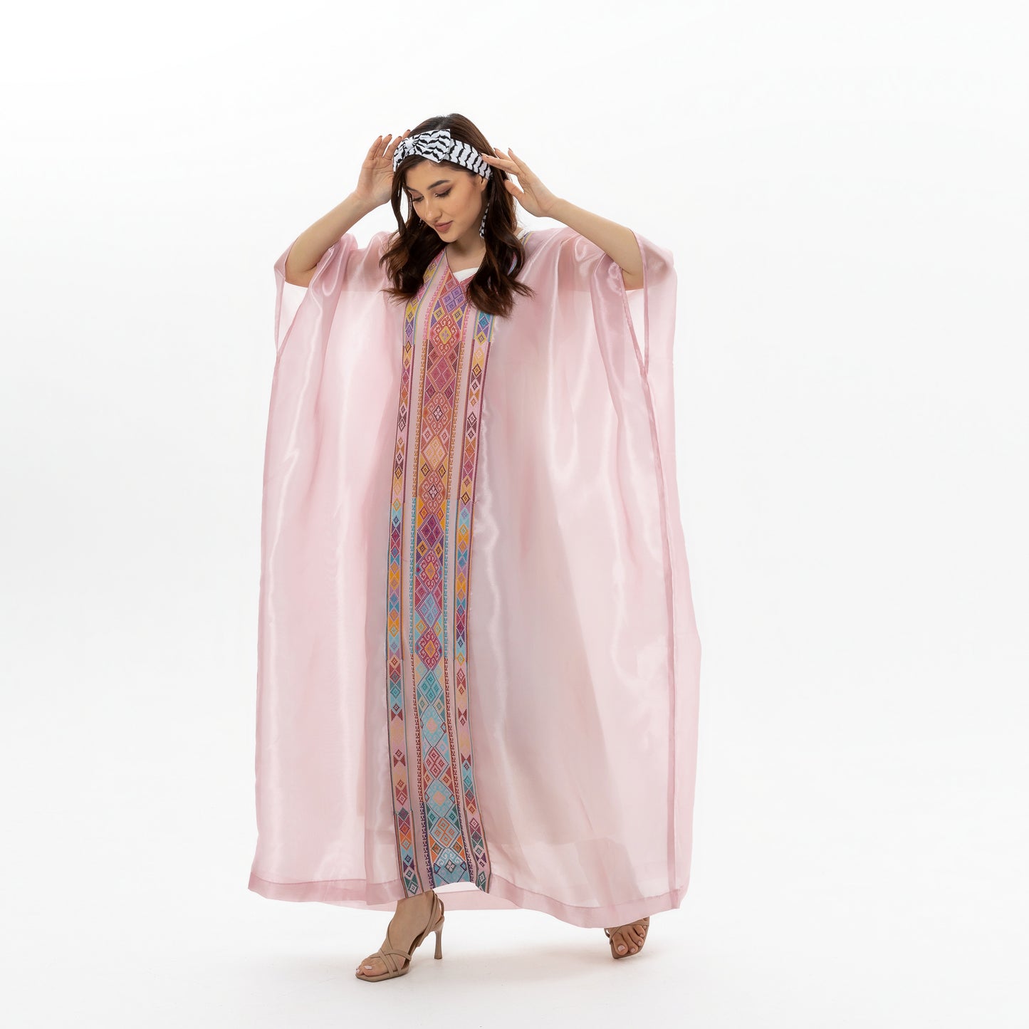 Glossy Pink Kaftan with Tatreez