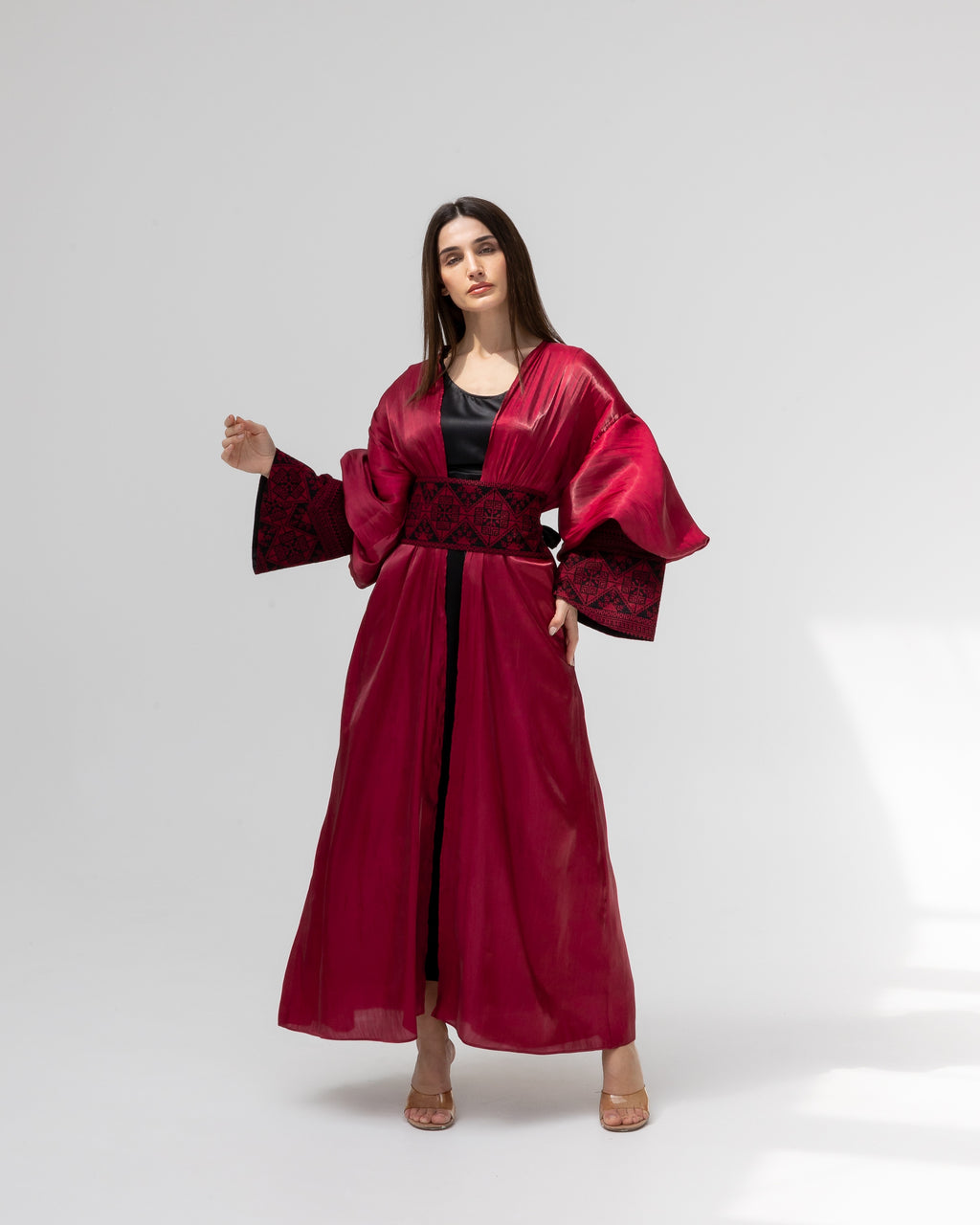 Satin Ruby Abaya with Embroidery Details