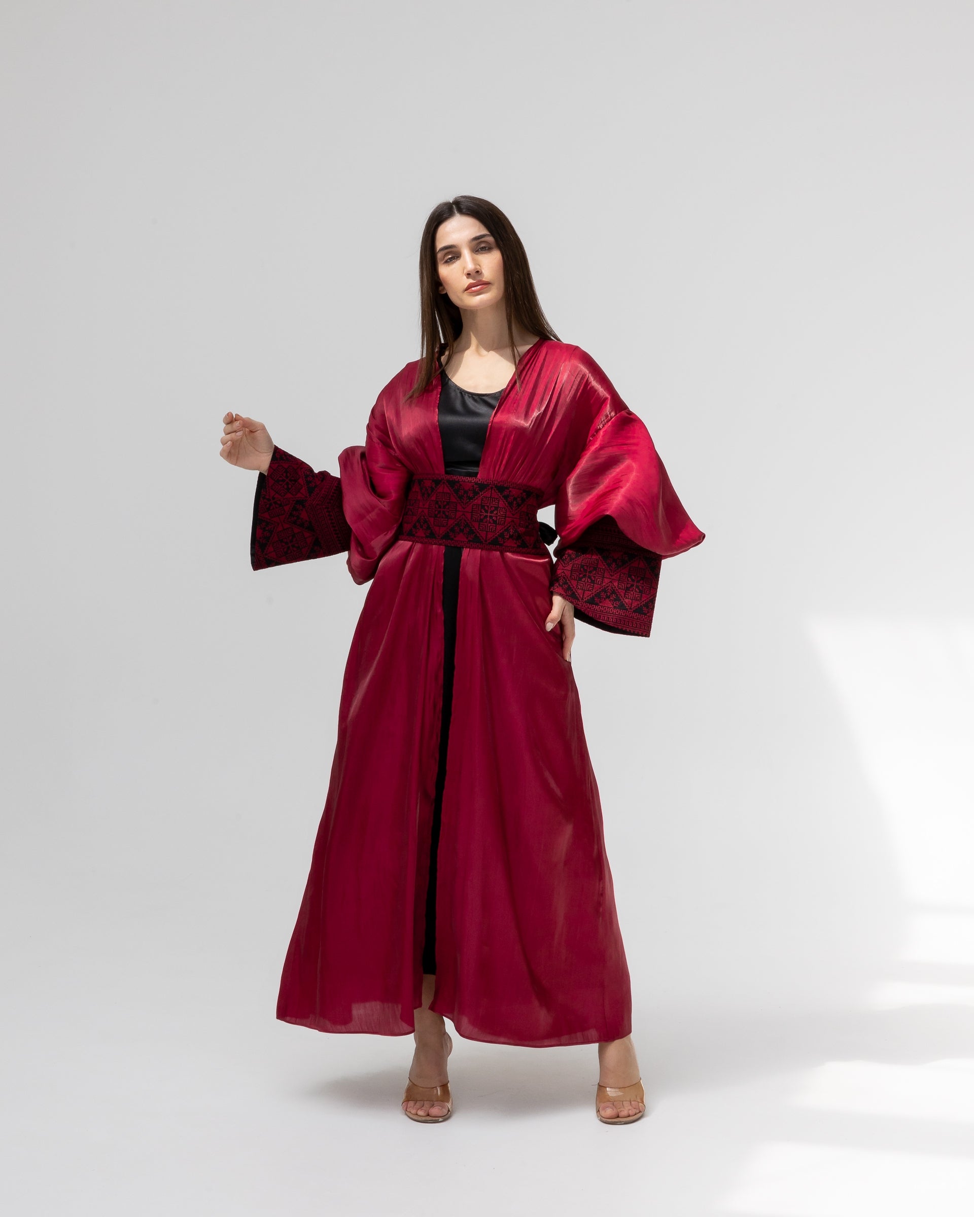Satin Ruby Abaya with Embroidery Details