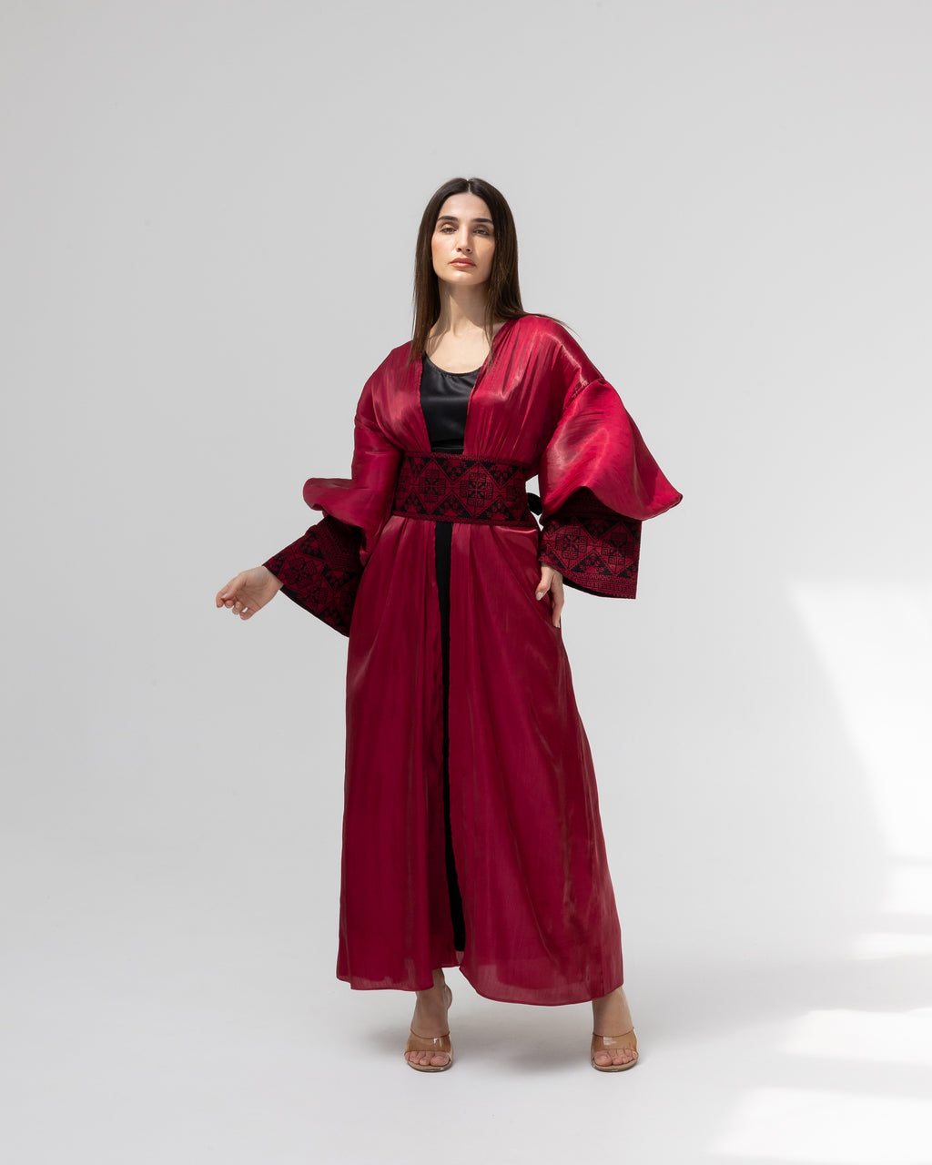 Satin Ruby Abaya with Embroidery Details